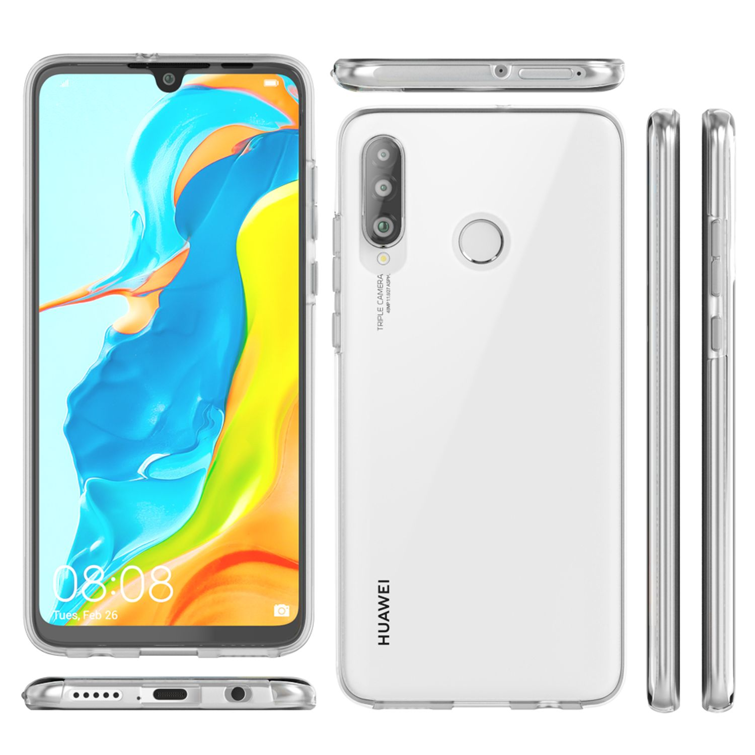 Eine transparente Handyhülle auf einem Telefon. Das Telefon zeigt die Uhrzeit und hat ein HUAWEI-Logo.
