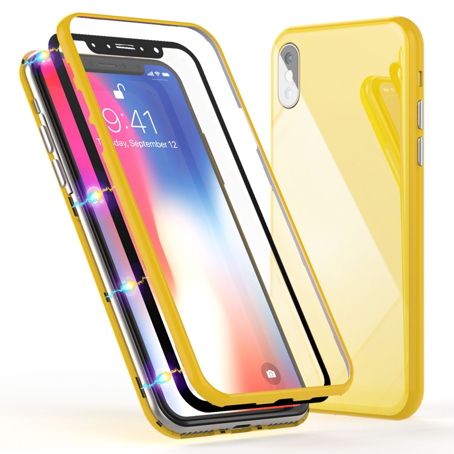 NALIA 360 Grad Hartglas XS Max, Gelb Hülle, Apple, Backcover, iPhone