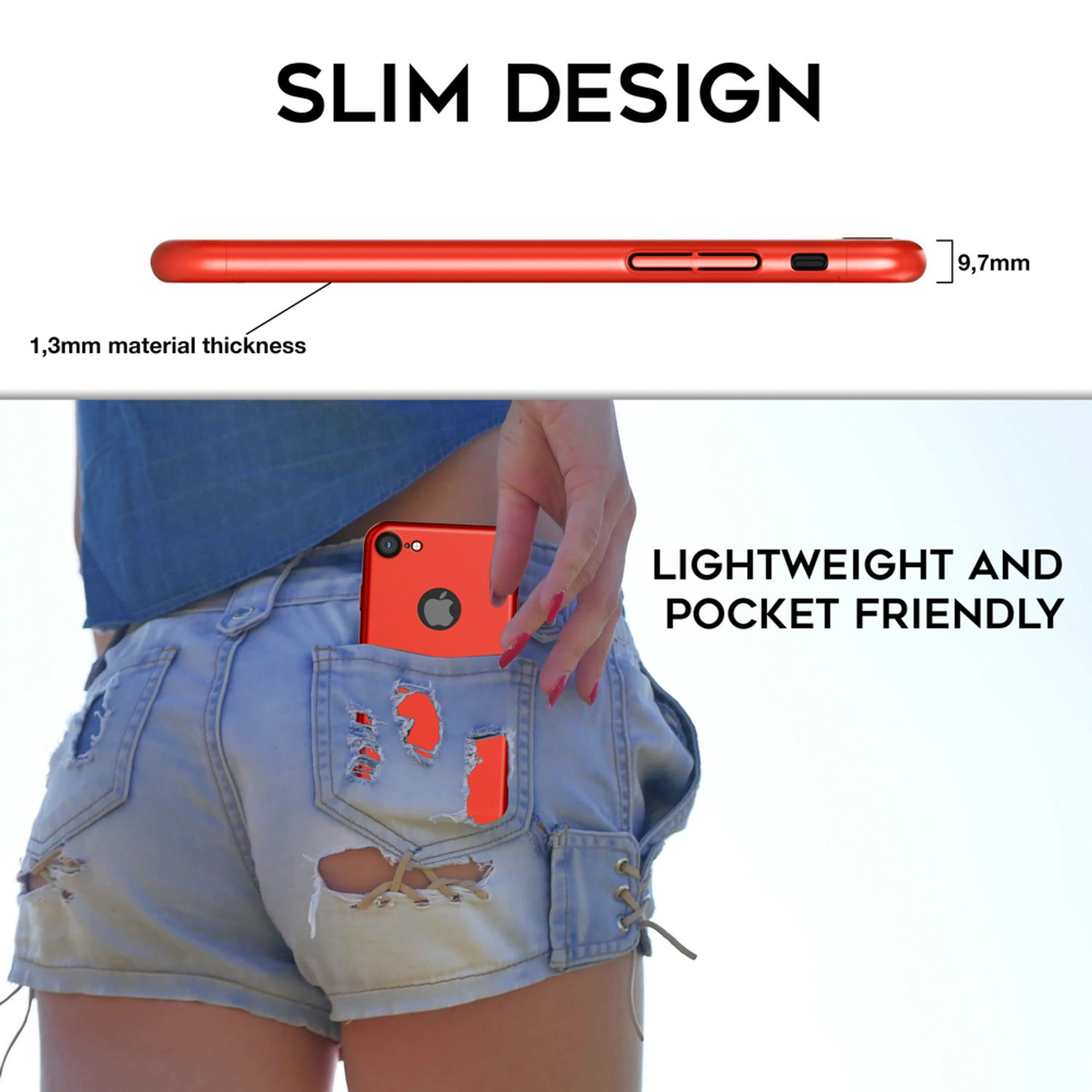Eine rote Handyhülle in einer Tasche, im Hintergrund eine Jeans-Shorts einer Person.