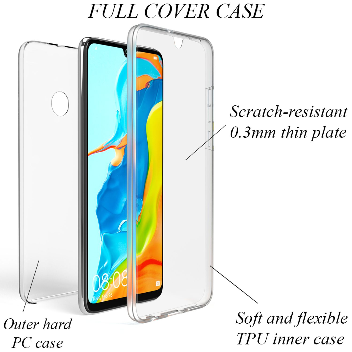 Transparente Handyhülle, Telefon innen. Text: 'Full Cover Case', 'Kratzfeste Platte', 'Äußere harte PC-Hülle'.