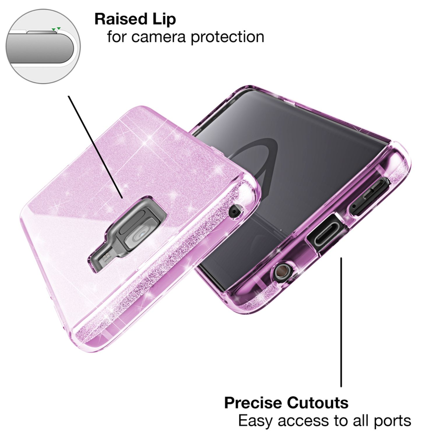 Una custodia per telefono rosa. Le caratteristiche includono un bordo rialzato per la protezione della fotocamera e ritagli precisi.