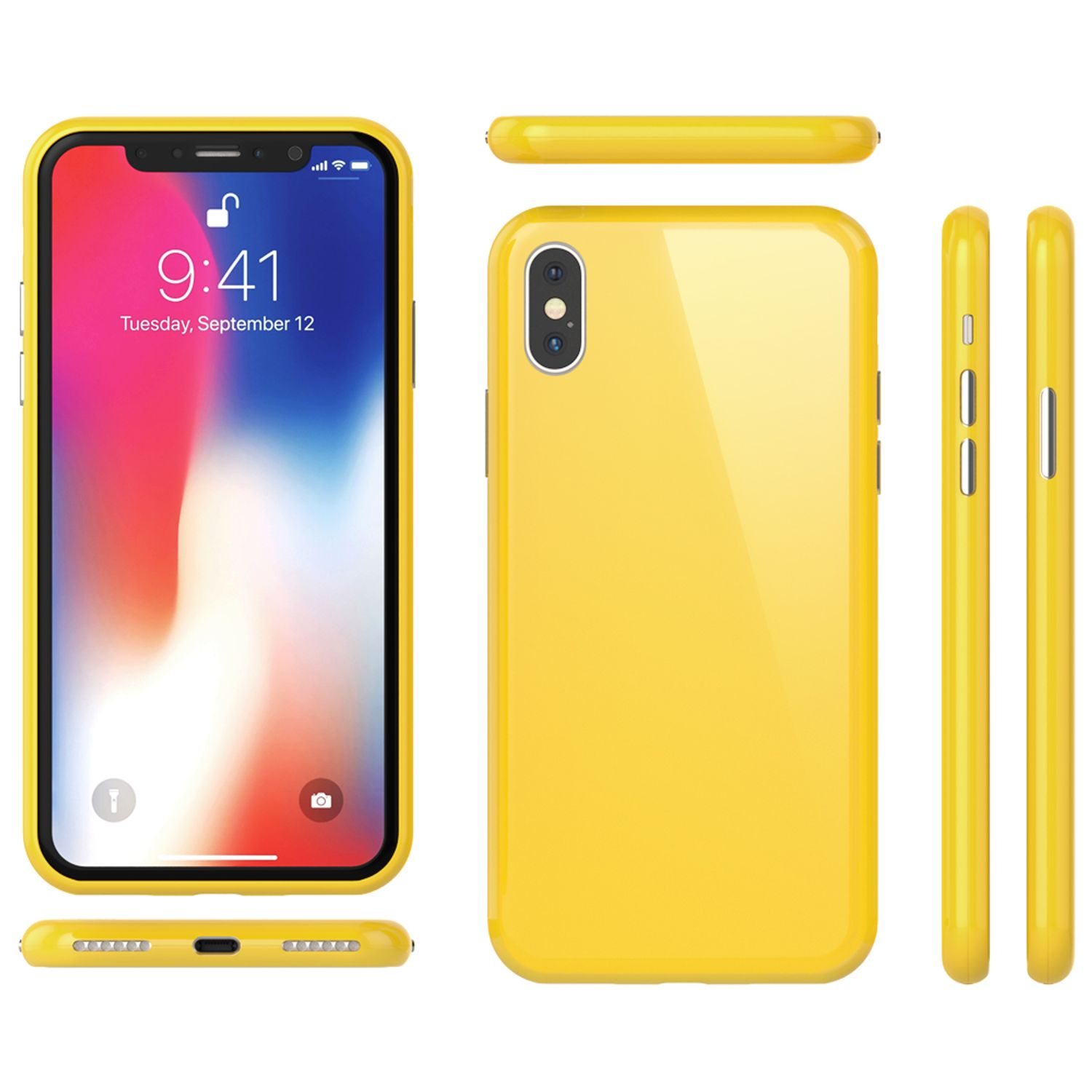 Gelbe Handyhülle mit Telefon darin, zeigt einen Bildschirm. Seiten- und Unteransichten gezeigt.