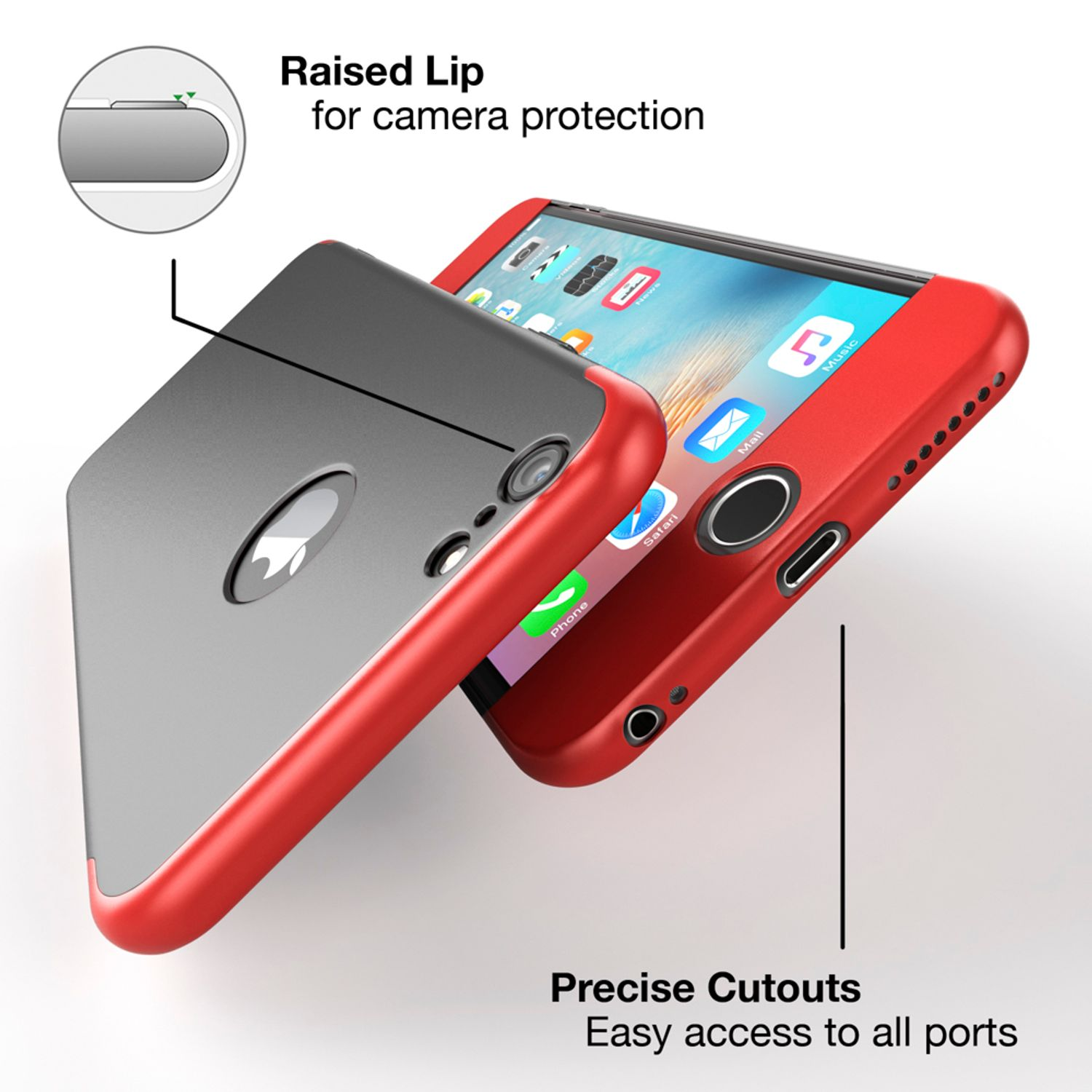 Rote und graue Handyhülle mit Telefon. Erhöhter Rand zum Schutz. Präzise Aussparungen.