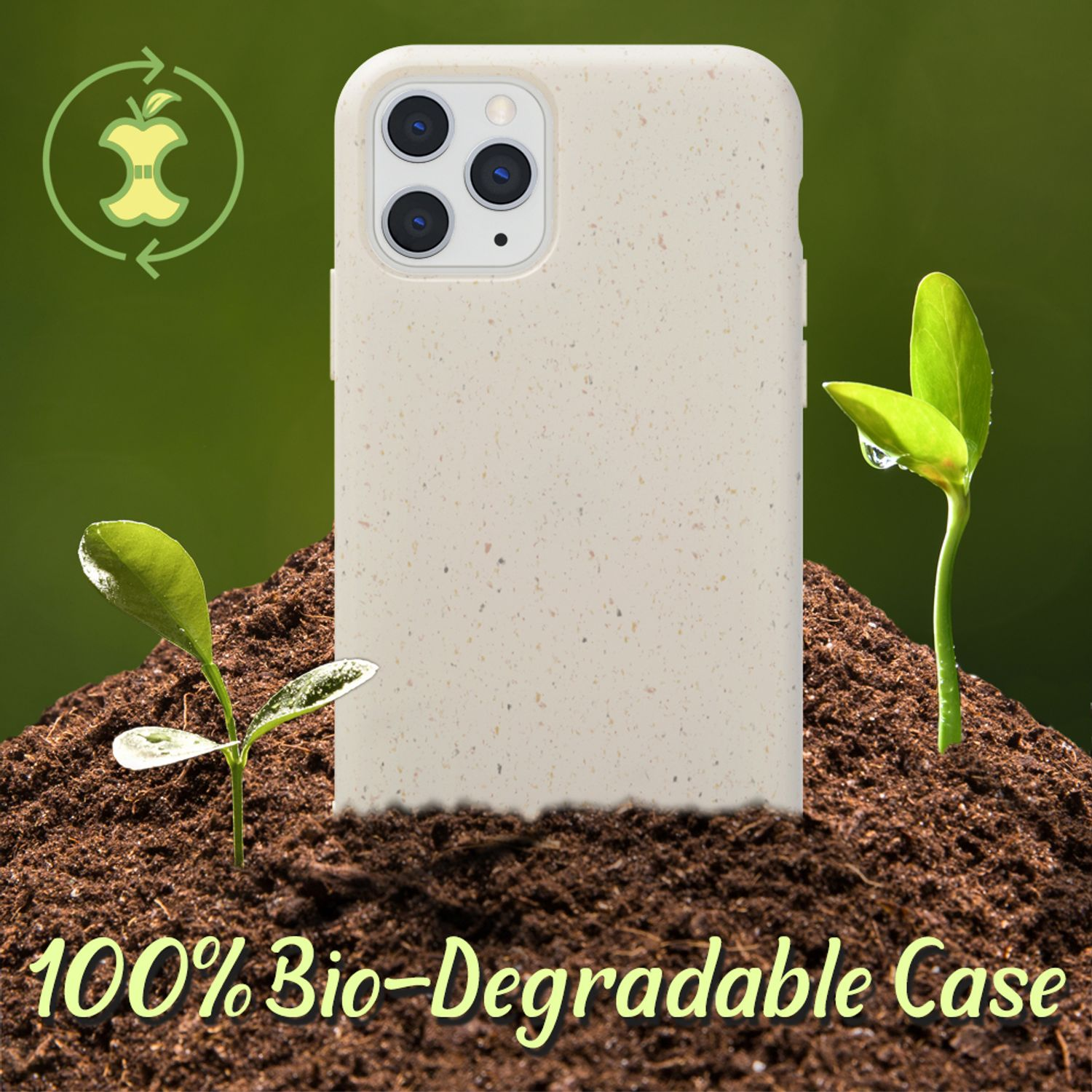 Una funda de teléfono en tierra con dos plantones. La funda es beige claro con un logotipo de manzana verde.