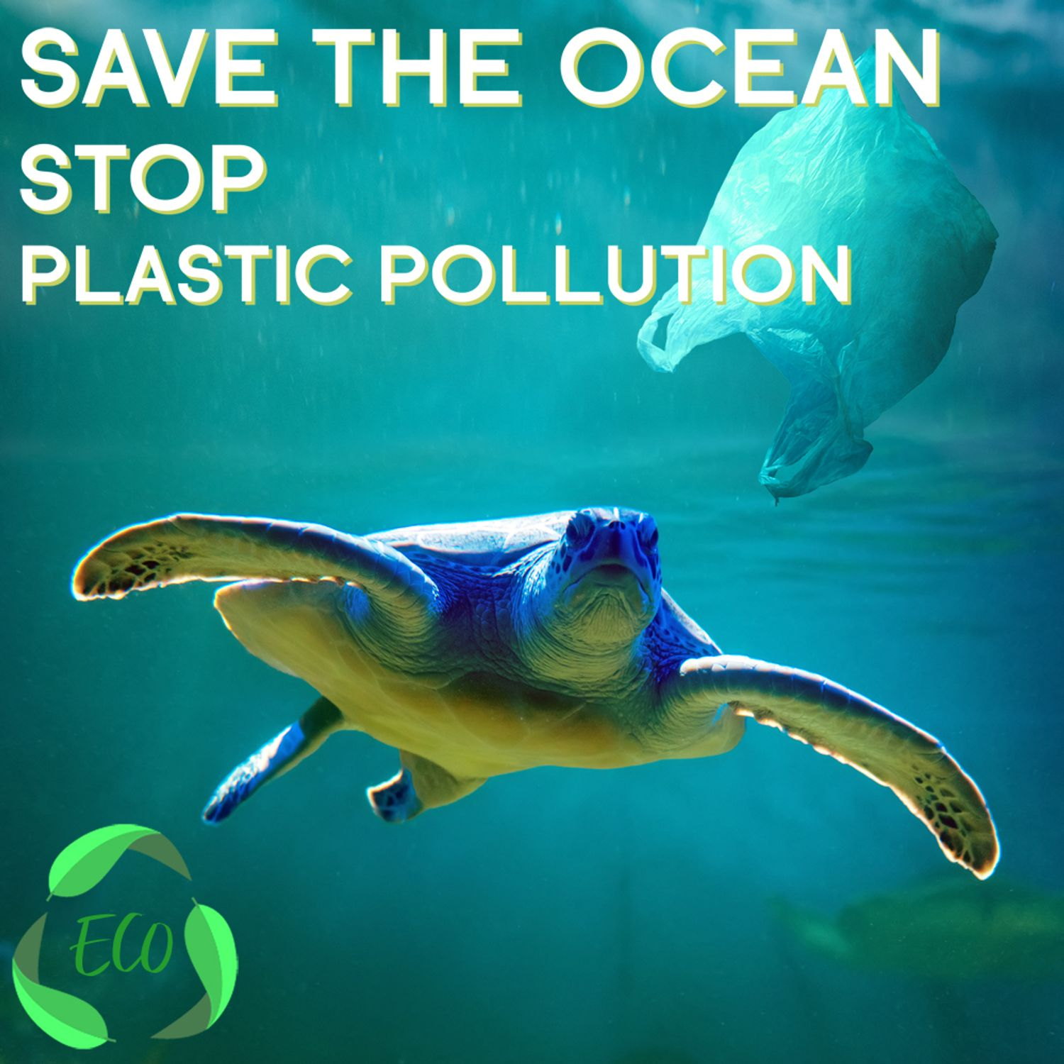 Una tortuga marina nada en agua azul. Una bolsa de plástico flota encima. Texto: 'Salva el océano'.