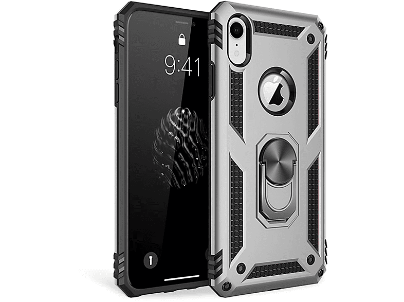 NALIA Stoßfeste Military-Style Ring Hülle, Backcover, Apple, iPhone XR, Silber | Backcover