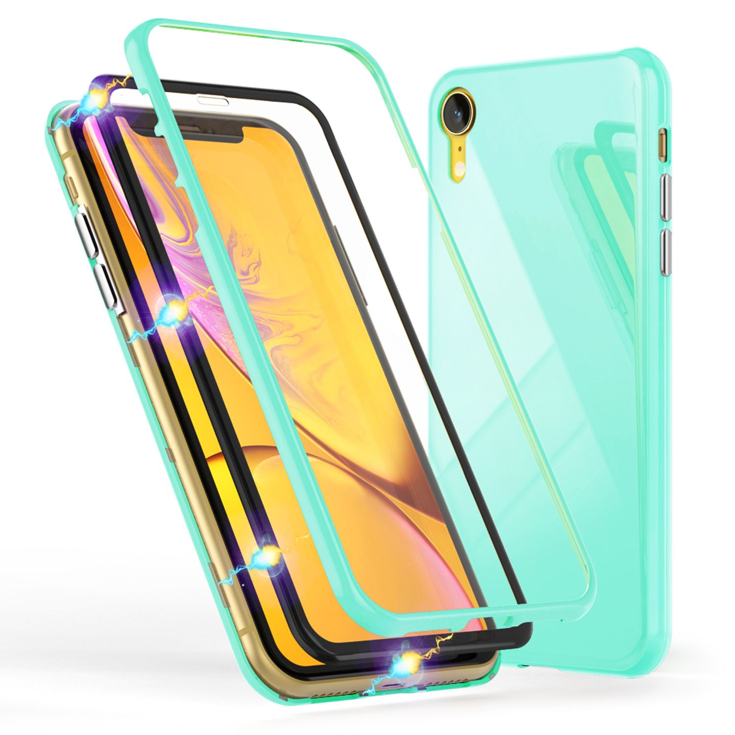 Transparente Handyhülle mit einem goldenen Telefon darin. Das Telefon ist teilweise sichtbar. Blaue Funken gehen davon aus.