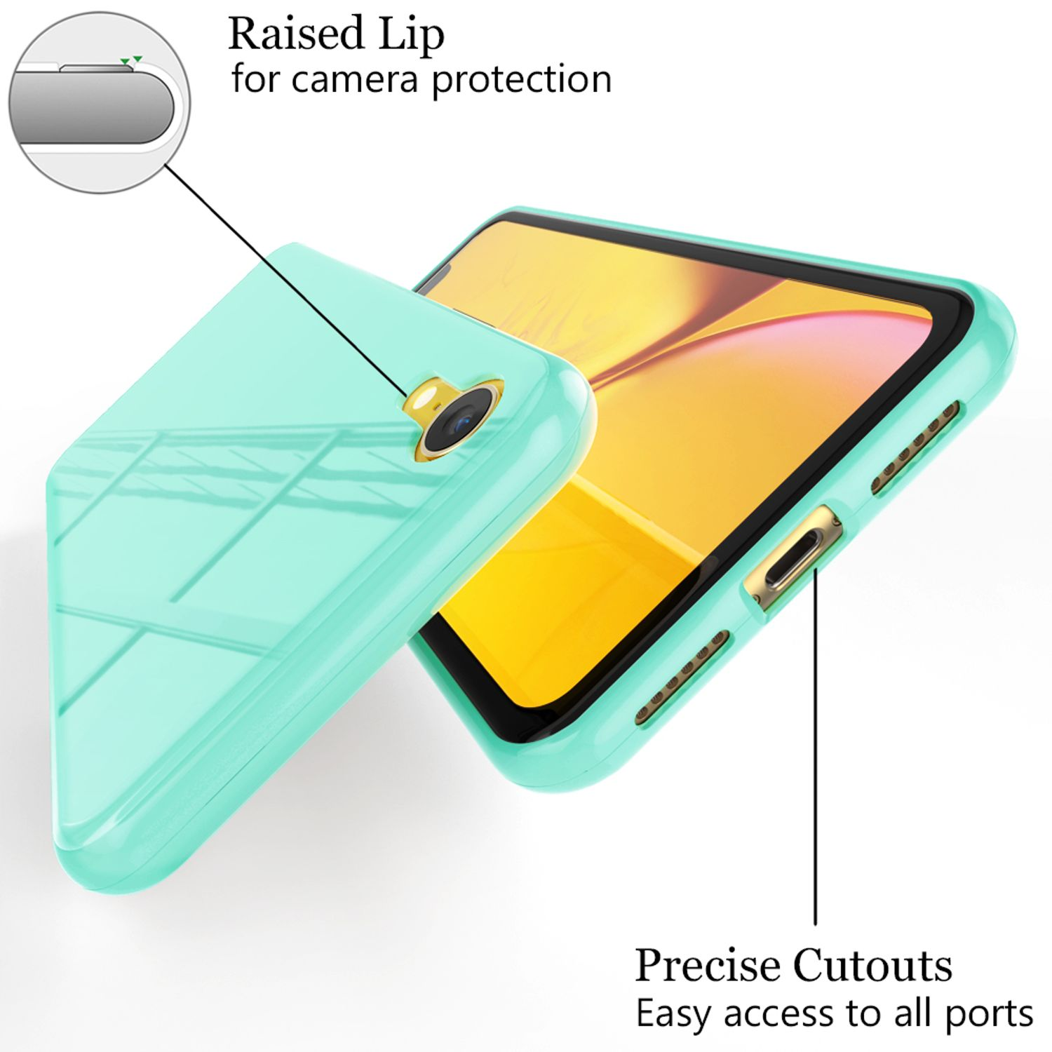 Eine mintgrüne Handyhülle mit klarer Rückseite, zeigt ein Telefon und Designdetails.