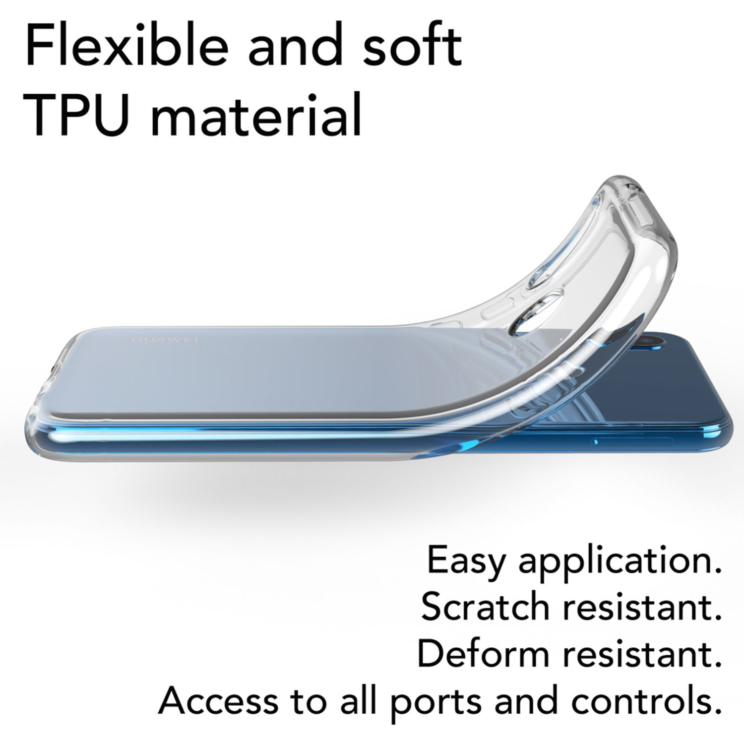 Eine transparente Handyhülle wird zurückgebogen. Der Text lautet: "Flexibles und weiches TPU-Material".
