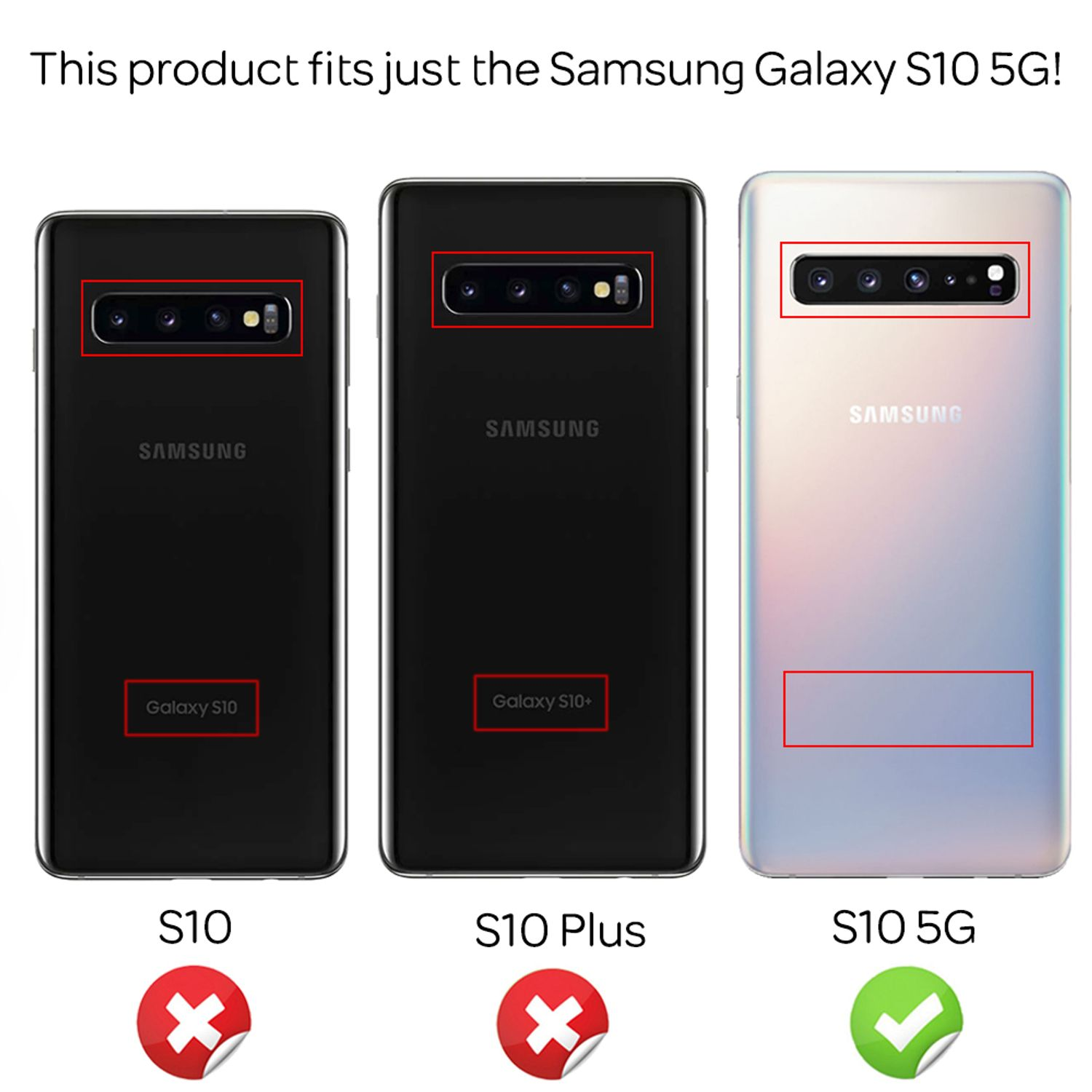 Drei Samsung-Telefone. Das Produkt passt nur für das Samsung Galaxy S10 5G. S10 und S10 Plus sind als nicht passend markiert.
