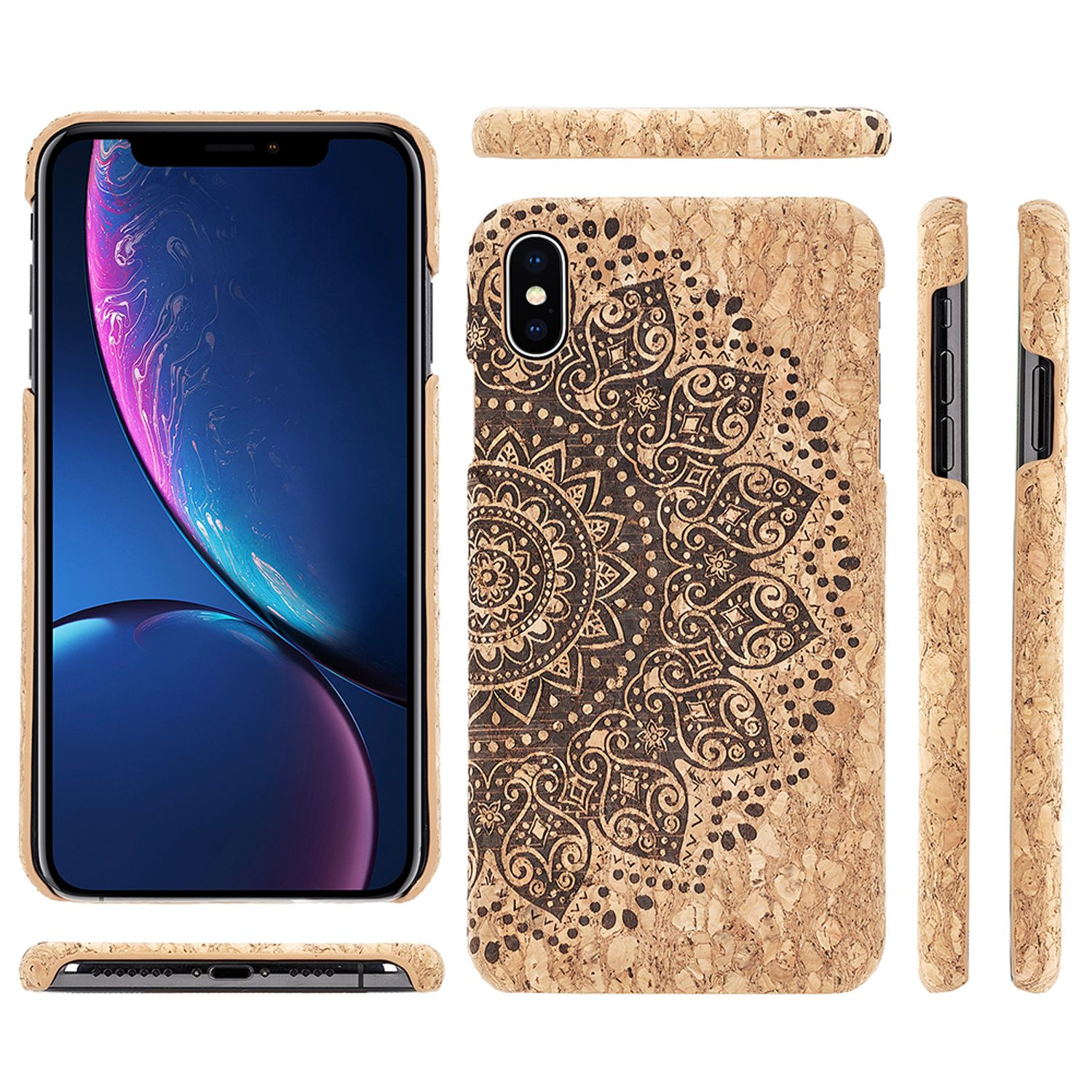Handyhülle mit Mandala-Design aus Kork. Das Telefon ist in der Hülle sichtbar.