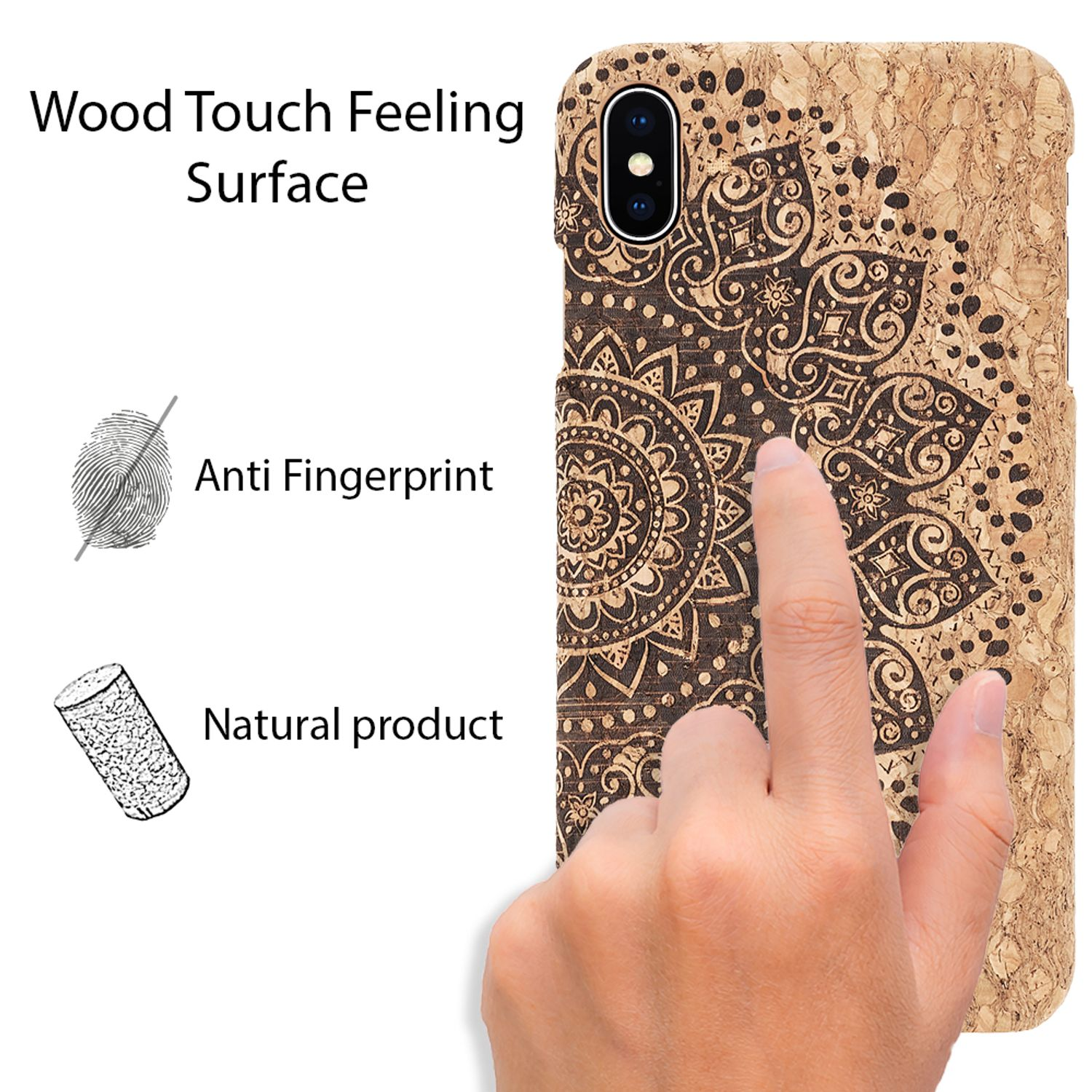 Eine Hand, die eine Handyhülle mit Mandalamuster hält. Text: Holzgefühl-Oberfläche, Anti-Fingerabdruck, Naturprodukt.