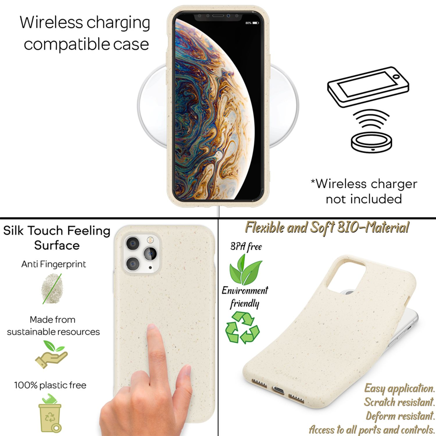 Un teléfono en una funda, un cargador inalámbrico. Texto: Carga inalámbrica, tacto de seda, sostenible y biomaterial.