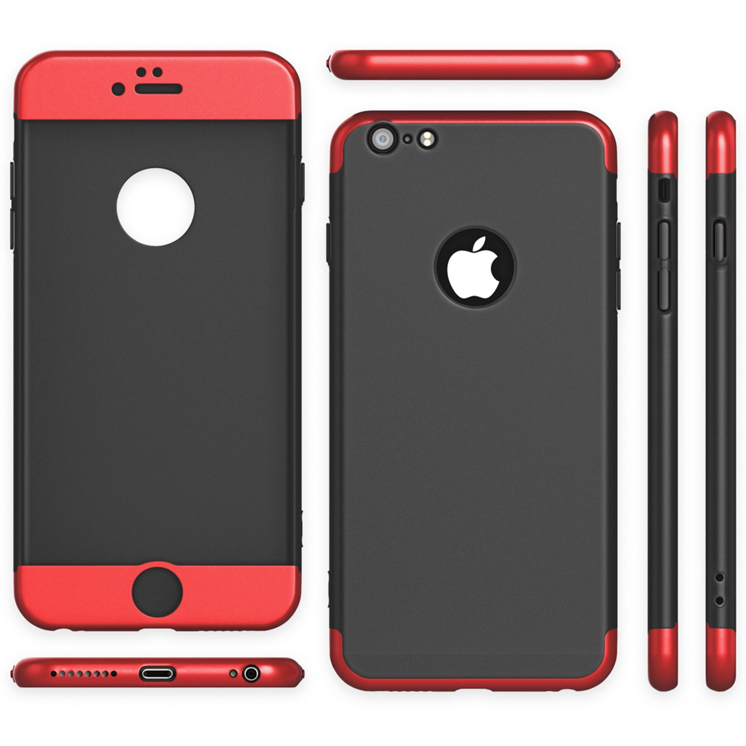 Eine Handyhülle in verschiedenen Ansichten. Rotes und schwarzes Farbschema mit Apple-Logo.