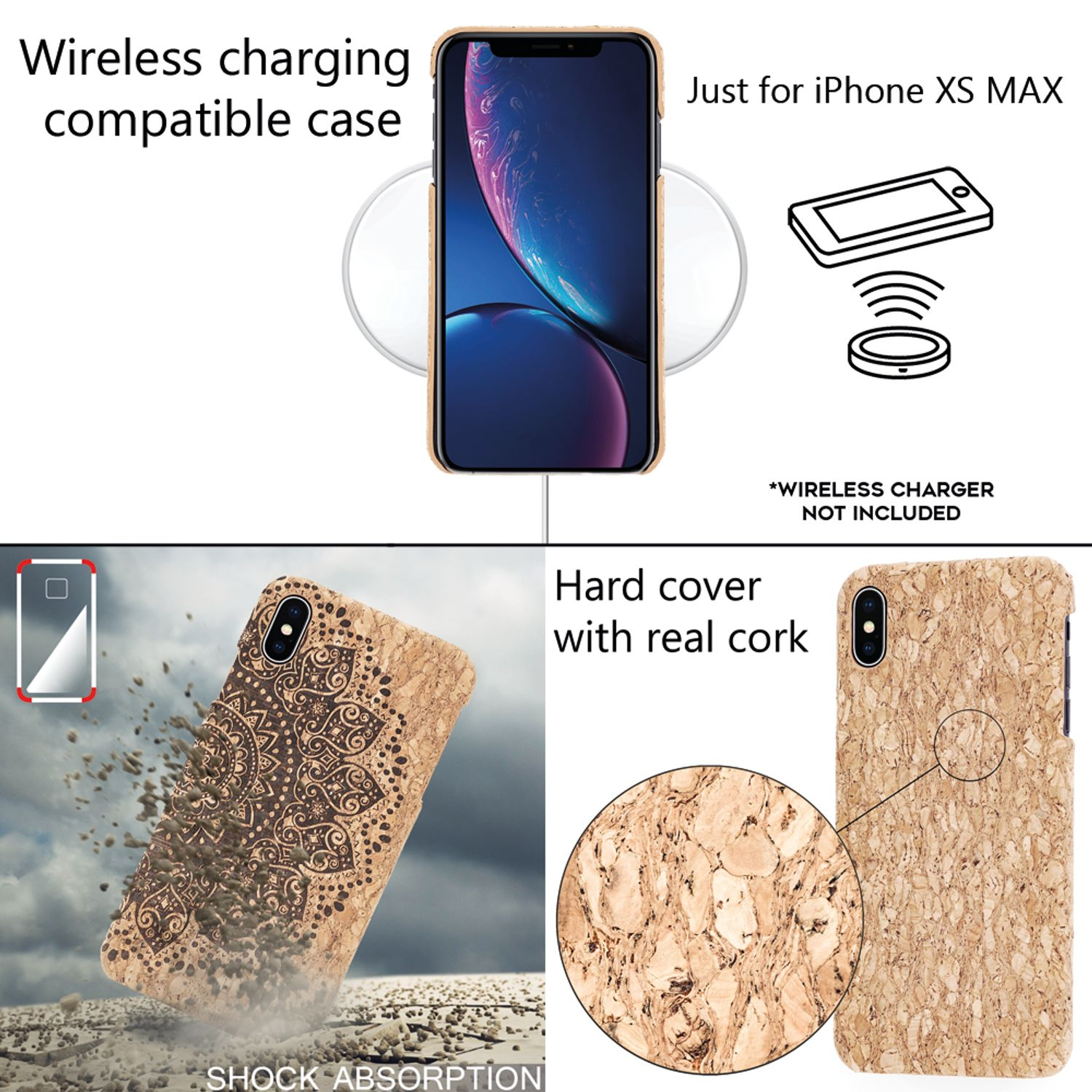 Handyhülle: kabelloses Laden, Korkstruktur, Stoßdämpfung, iPhone XS MAX. Hartschale mit echtem Korkdesign.