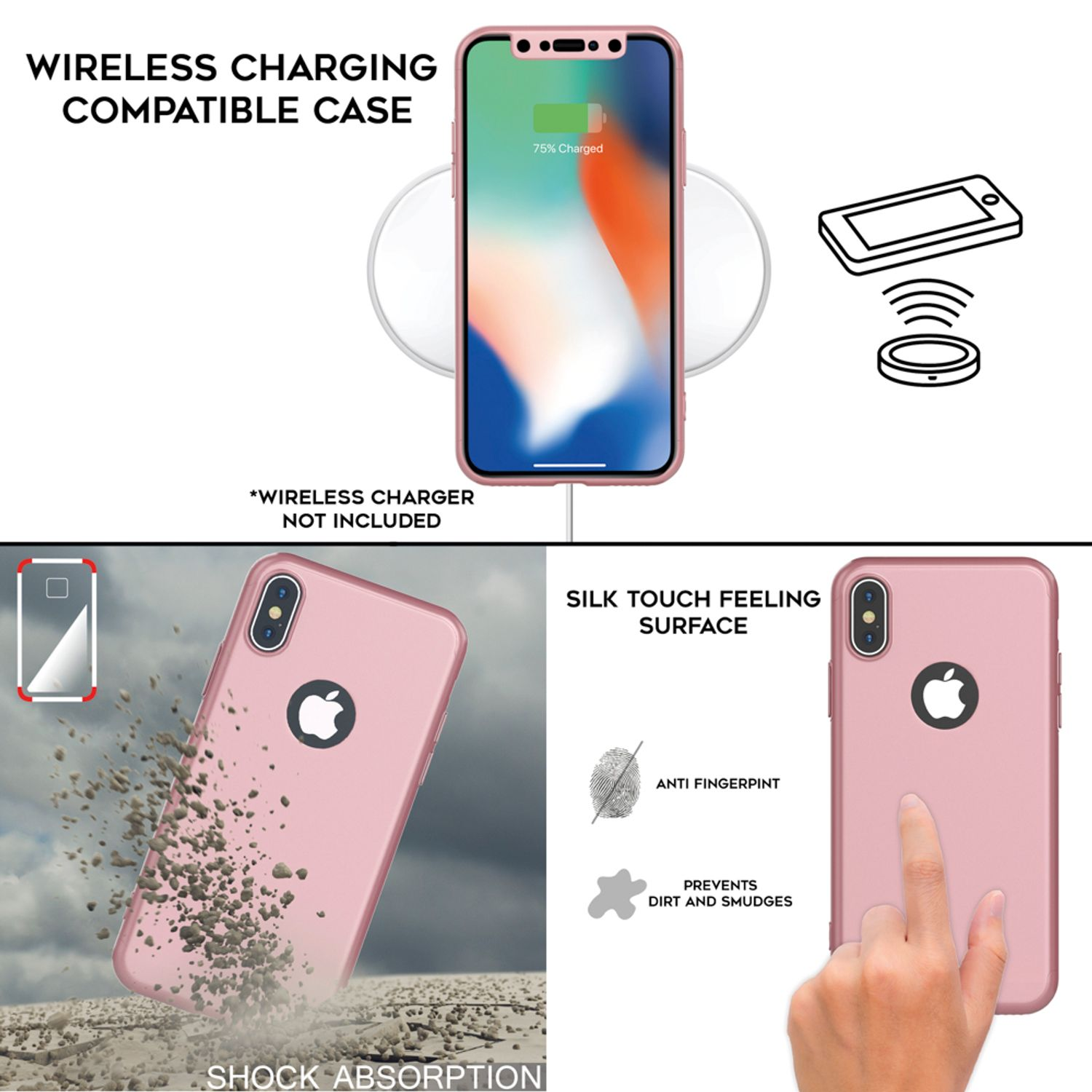Ein rosa Telefon und eine Hülle mit Illustrationen, die kabelloses Laden, Stoßabsorption und Oberflächenmerkmale zeigen.