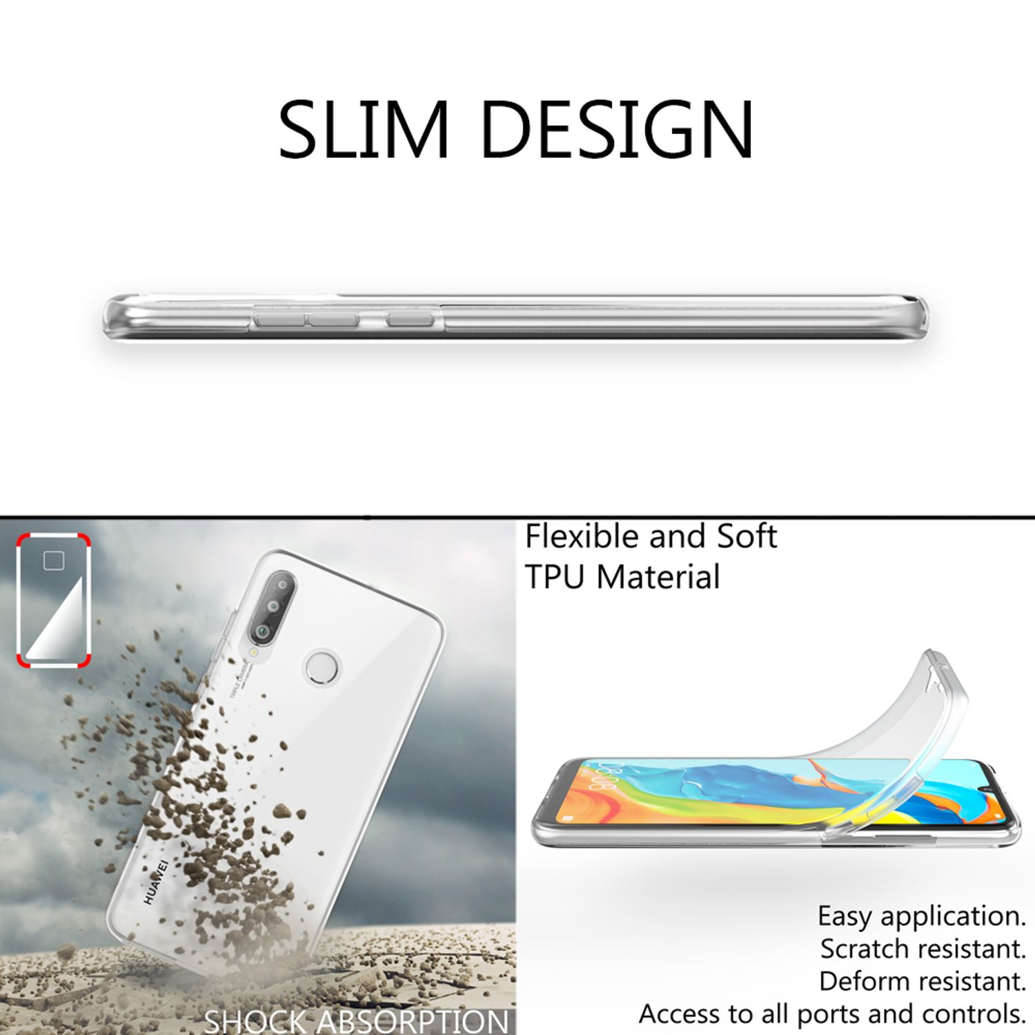 Eine transparente Handyhülle. Zeigt Stoßfestigkeit mit Trümmern und einem Telefon. Schlankes Design.