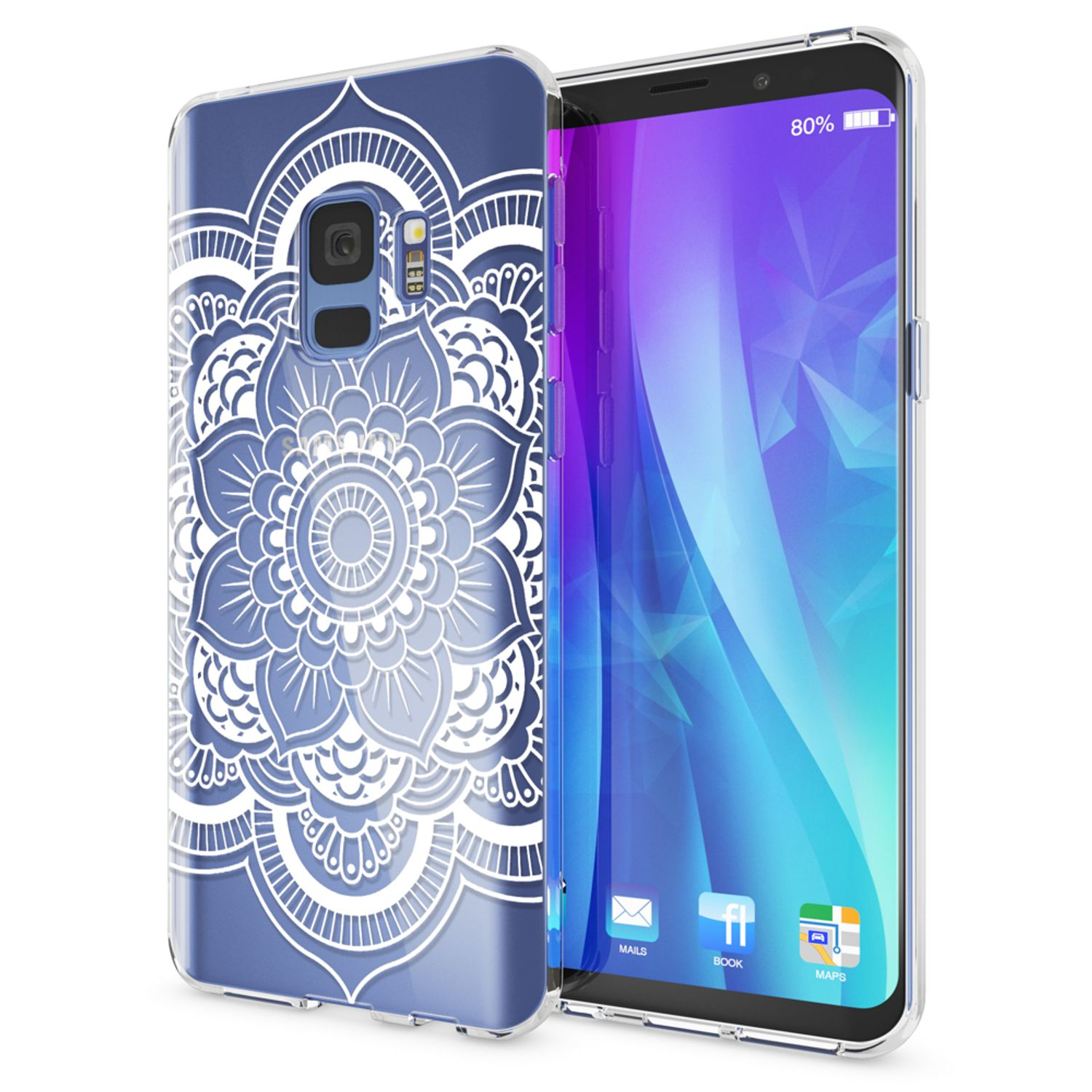 Ein Telefon in einer transparenten Hülle mit weißem Mandala-Design auf blauem Hintergrund.