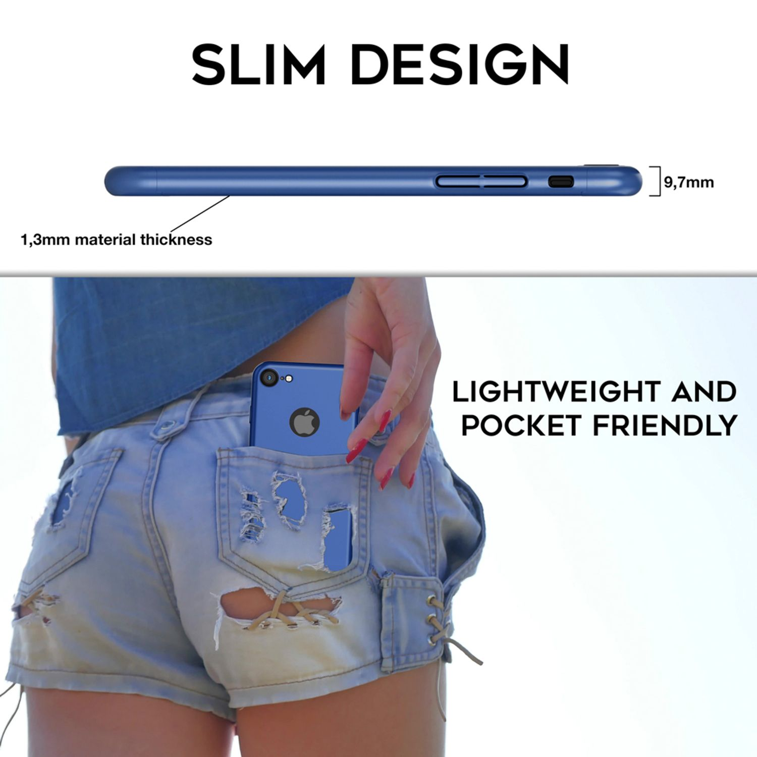 Ein blaues Telefon in einer Tasche mit Text: Schlankes Design, leicht und taschenfreundlich.