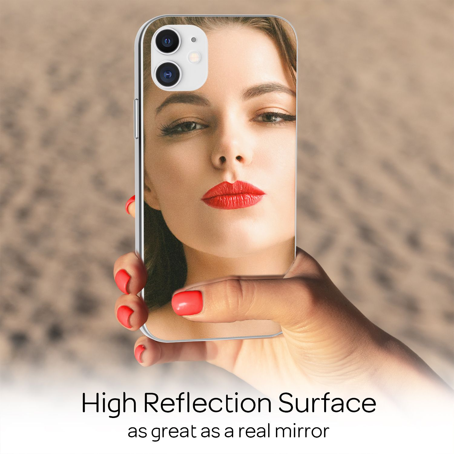 Mano sosteniendo una funda de teléfono con rostro de mujer y labial rojo, superficie reflectante.