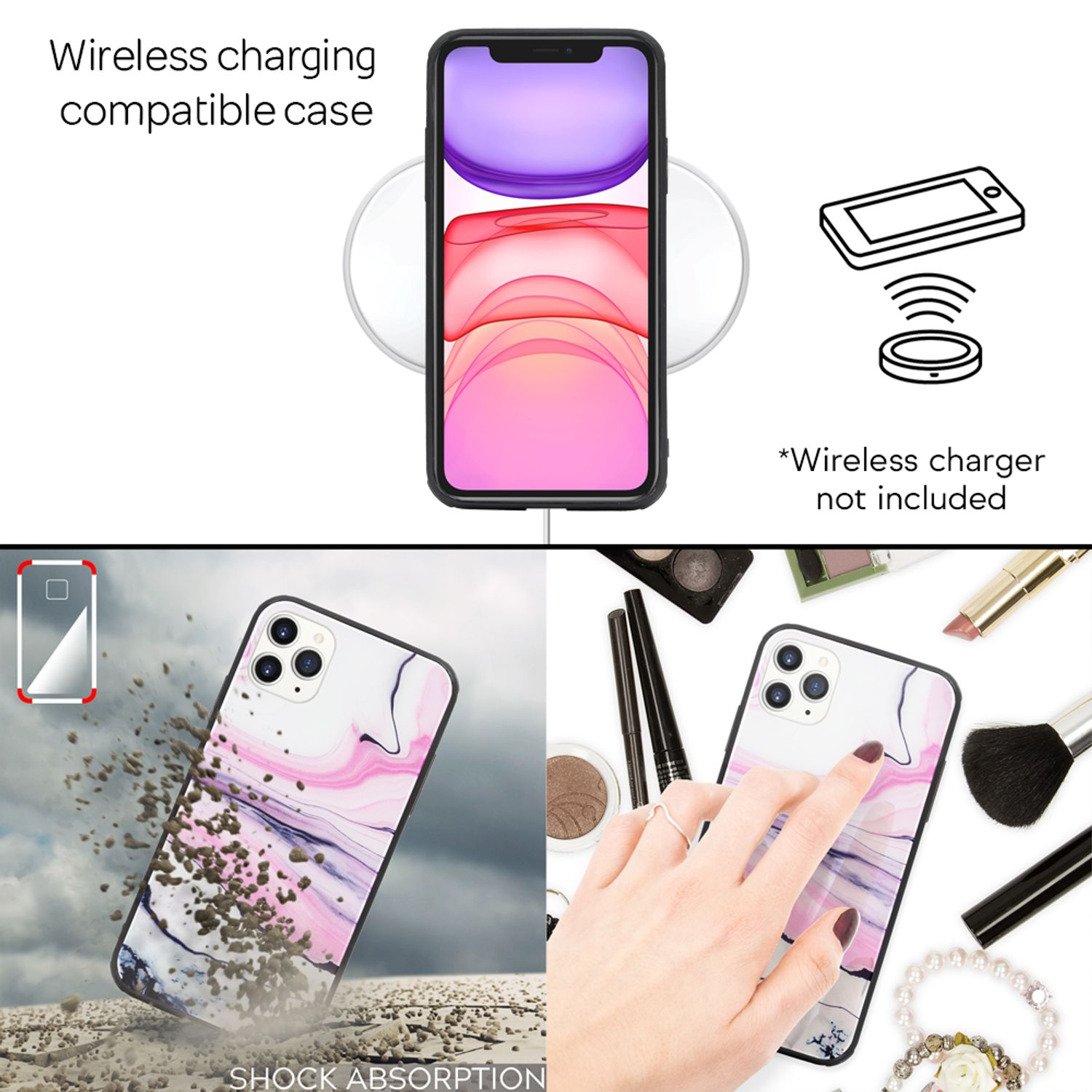 iPhone in einer Hülle mit kabellosem Laden. Zusätzliche Bilder zeigen Gehäusemerkmale.
