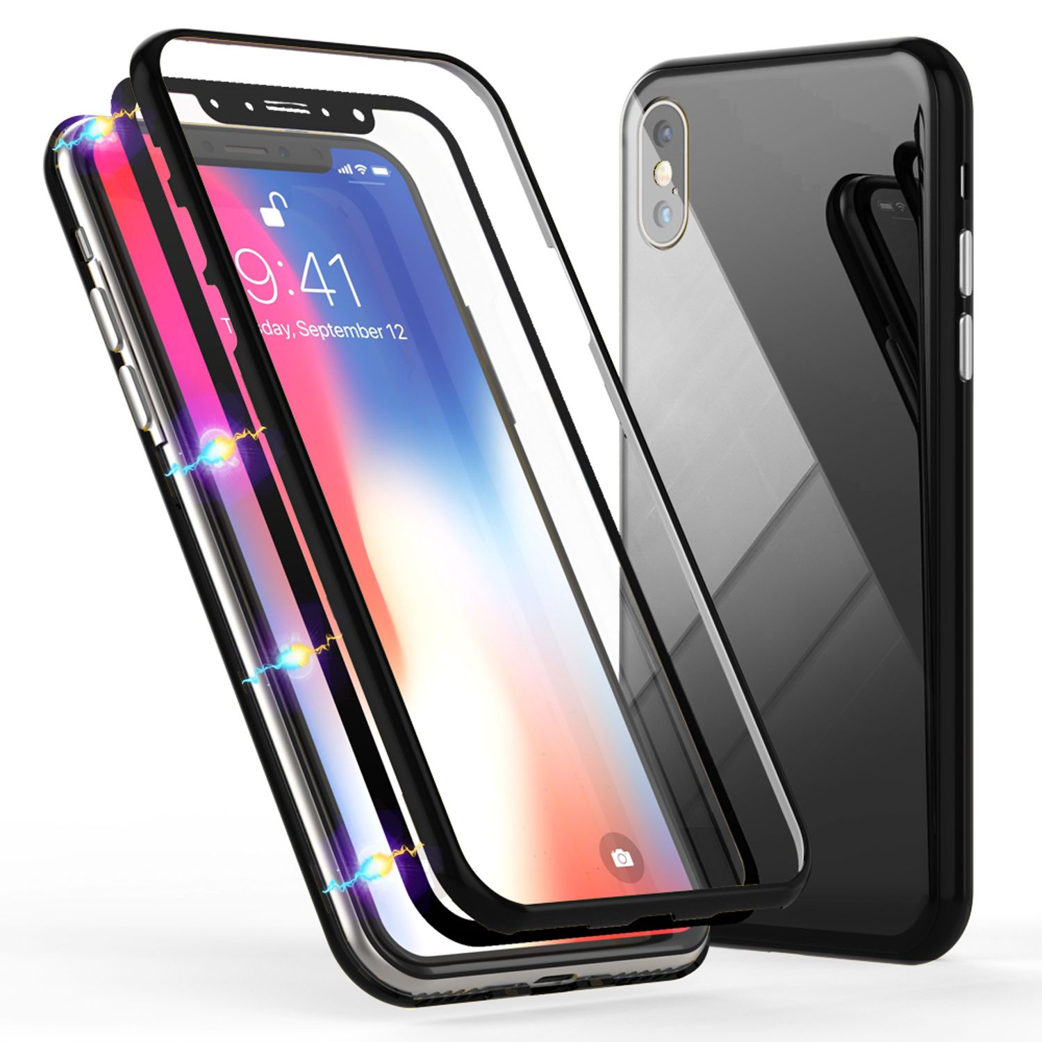 Handyhülle mit klarer Vorderseite und schwarzer Rückseite. Telefon ist innen, zeigt den Bildschirm.