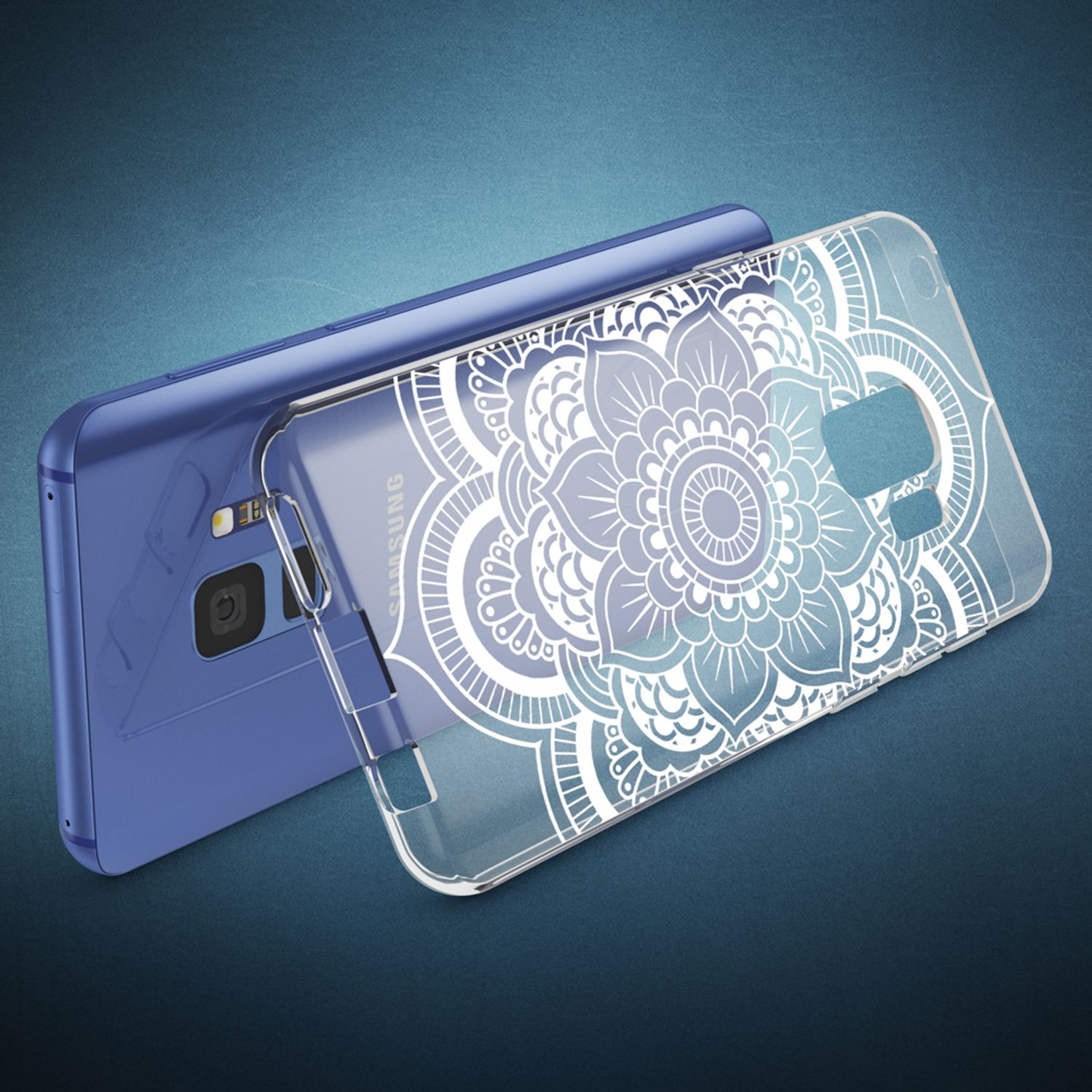 Ein Samsung-Telefon mit einer floralen Hülle wird angezeigt. Die Hülle ist transparent mit weißem Design.