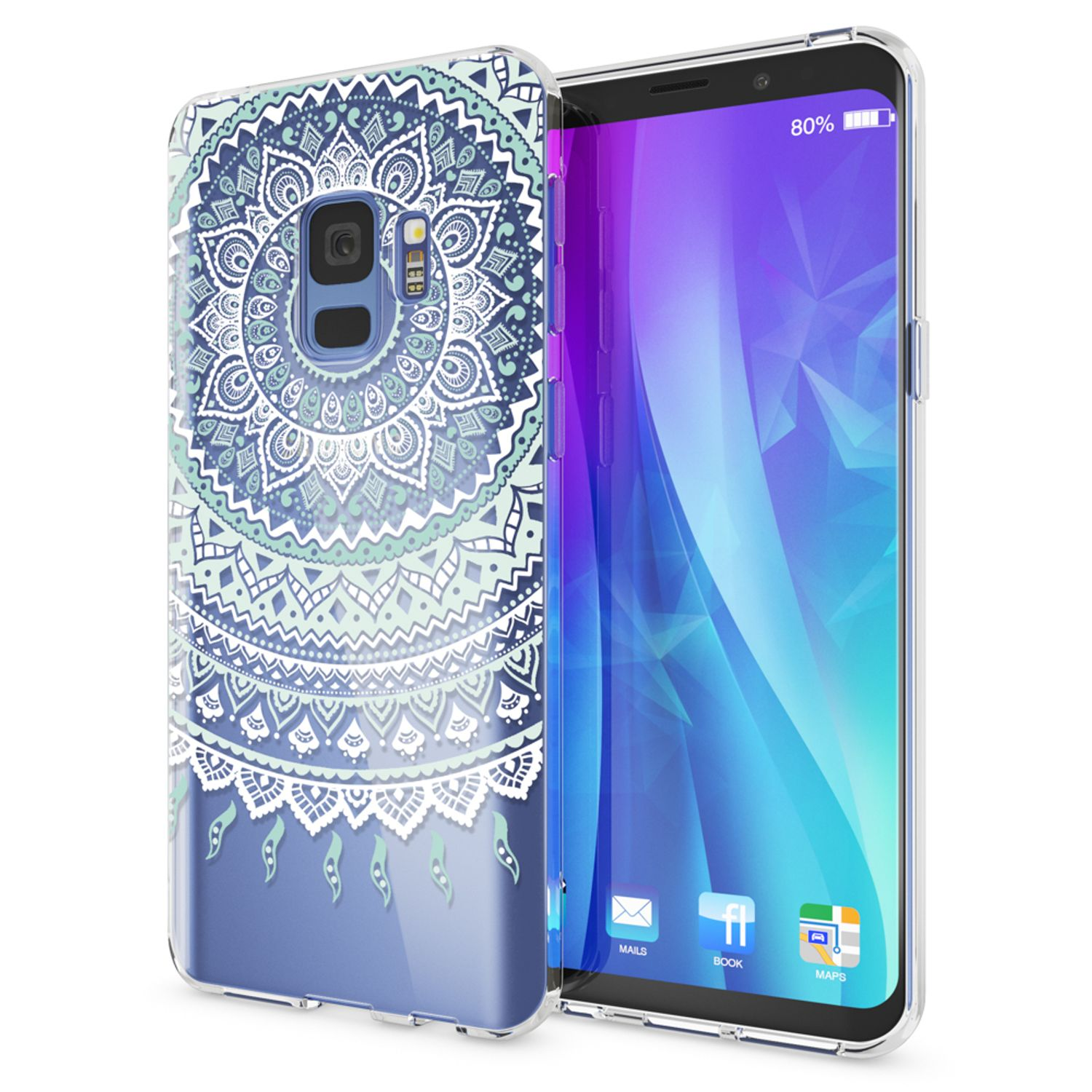 Ein Telefon in einer Hülle mit Mandala-Design. Das Telefon zeigt einen Startbildschirm.