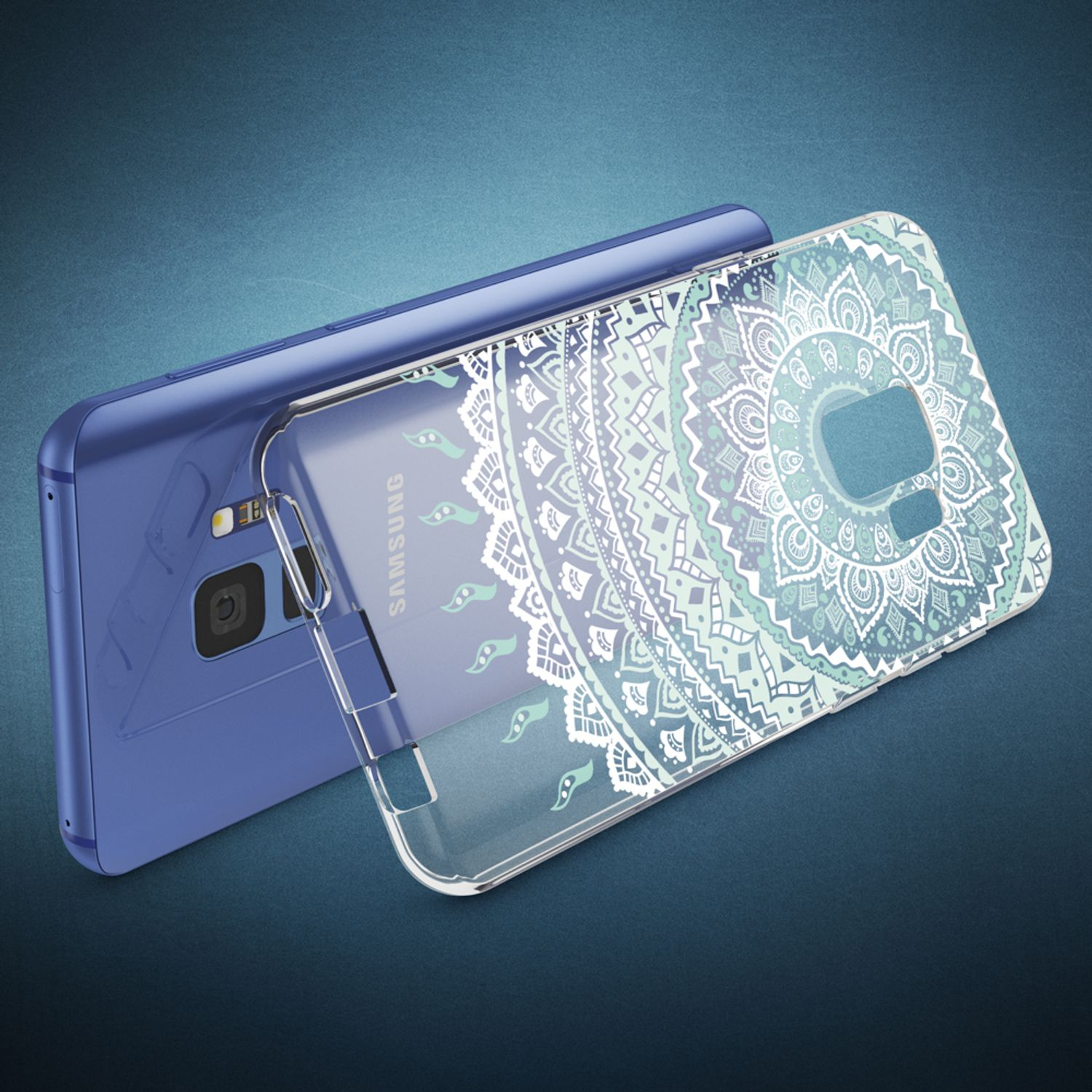 Ein Telefon mit einer Hülle mit Mandala-Design.