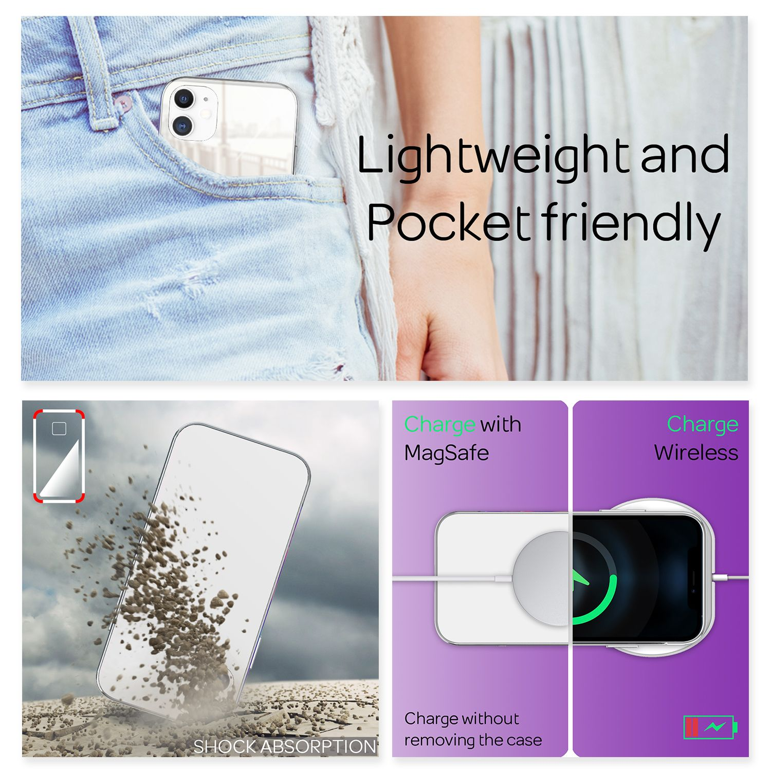 Funda de teléfono mostrada. Funda transparente en bolsillo. Imágenes de carga inalámbrica.