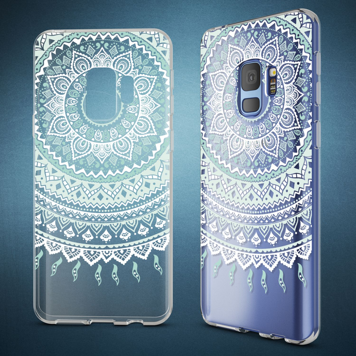Transparente Handyhülle mit blauem Mandala-Design. Das Telefon ist blau.