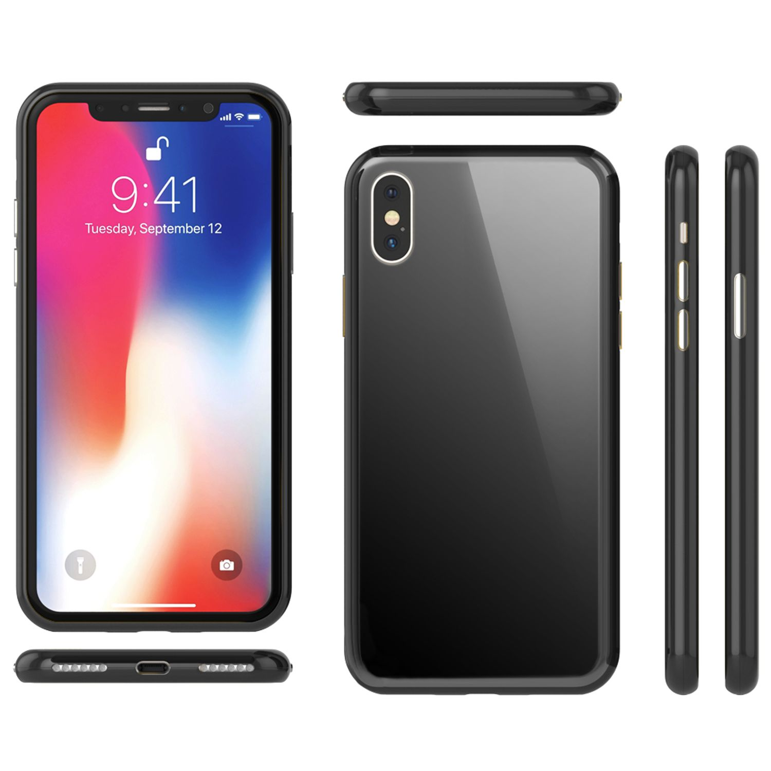 Ein schwarzes Telefon in verschiedenen Ansichten, das die Vorder-, Rück-, Ober- und Seitenansichten zeigt.