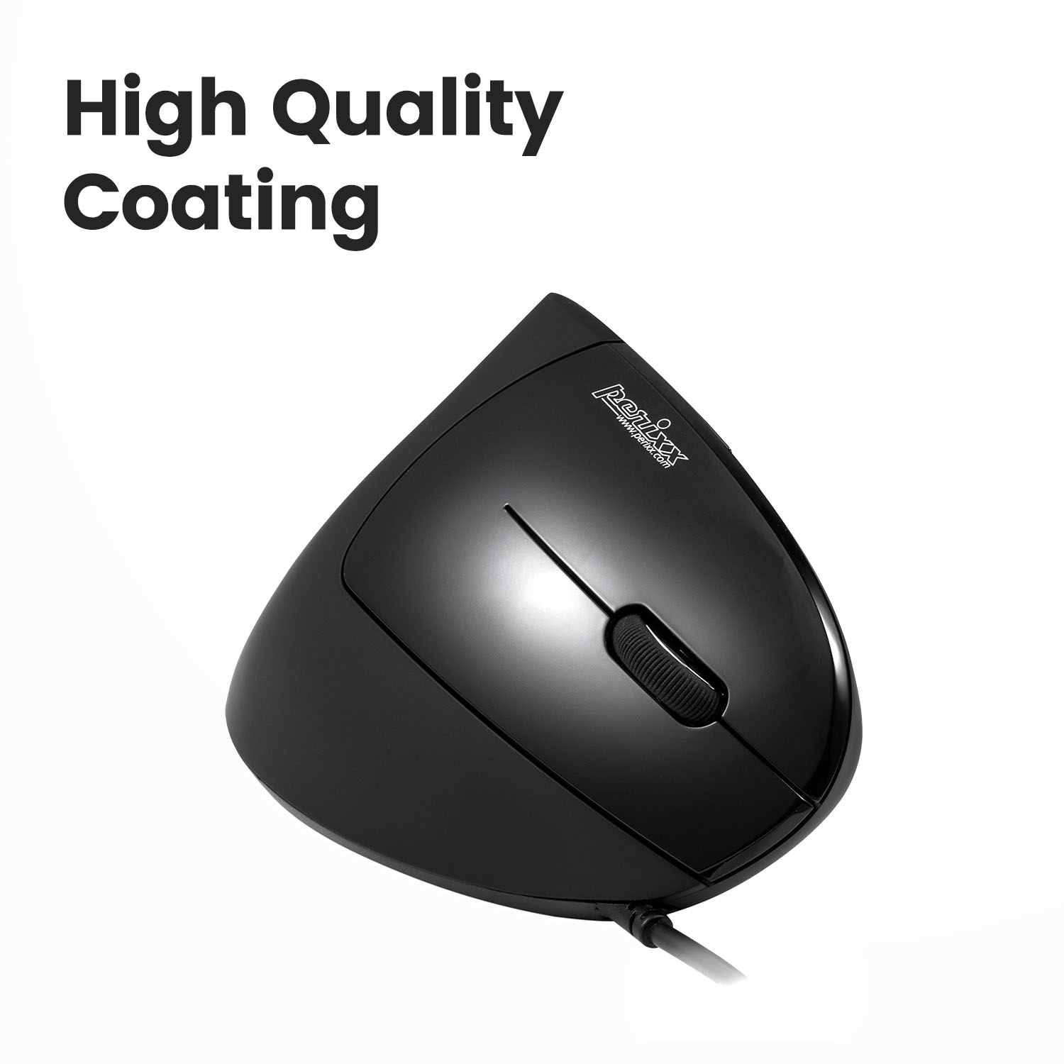 Czarna ergonomiczna mysz wyświetlana jest ze słowami High Quality Coating obok.