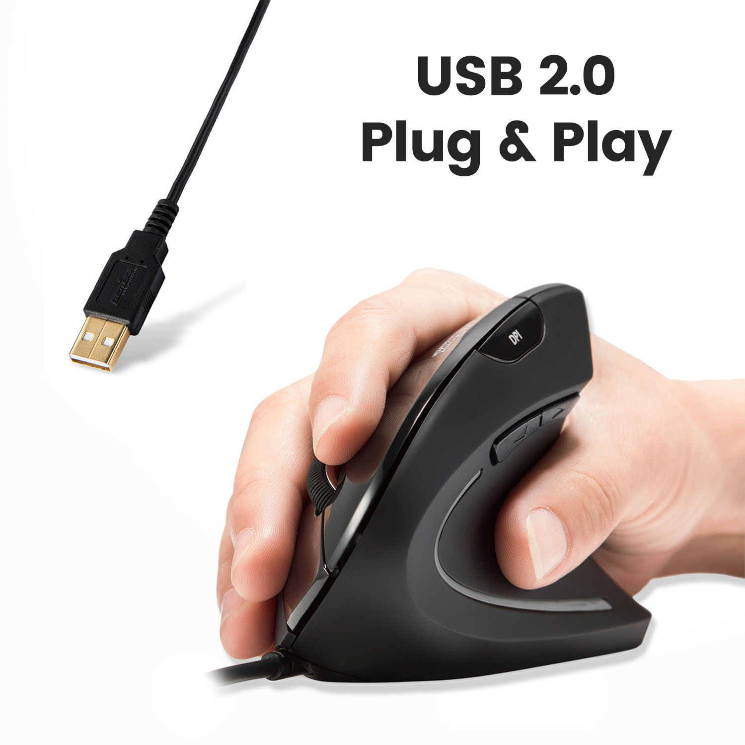 Dłoń trzymająca czarną ergonomiczną mysz podłączoną do kabla USB. Tekst: USB 2.0 Plug & Play.