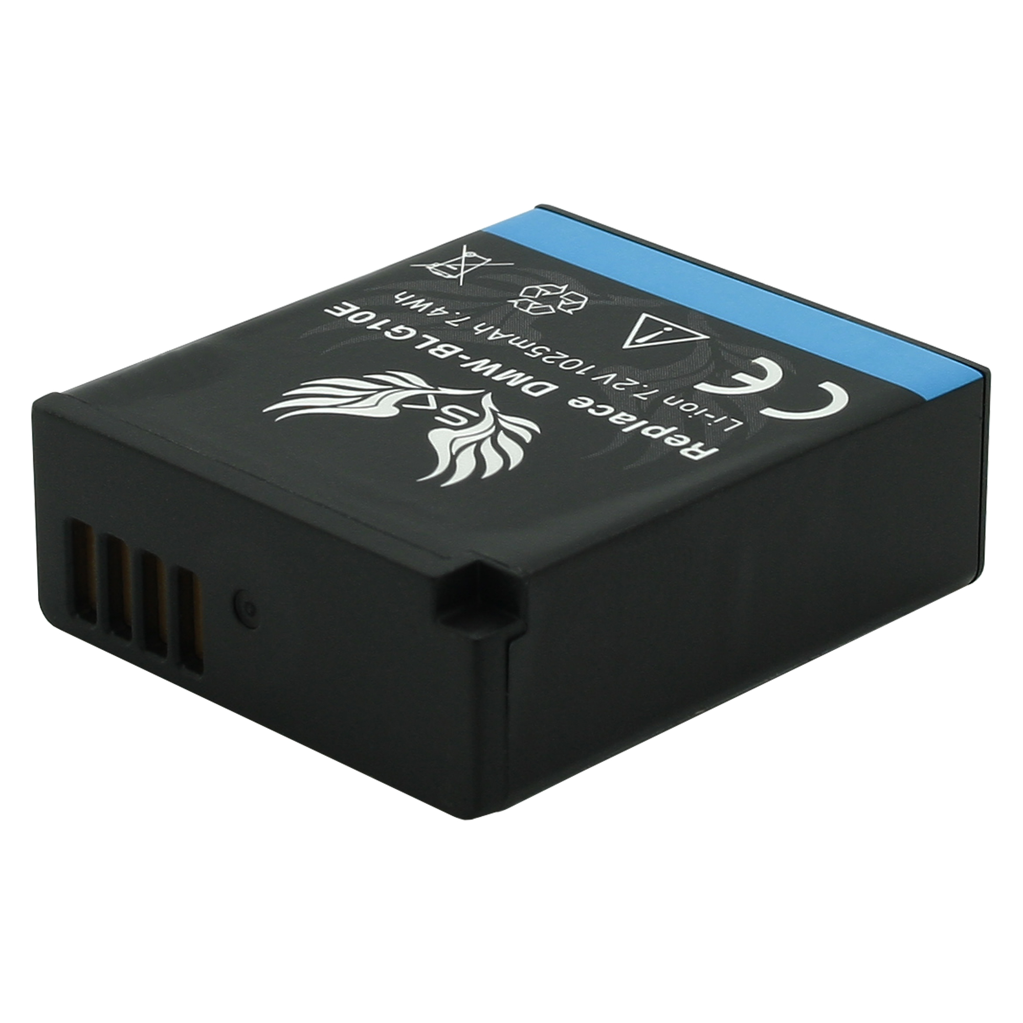 Schwarzer, rechteckiger Akku. Der Text lautet: Replace DMW-BLG10E Li-ion 7.2V 1025mAh 7.4Wh.