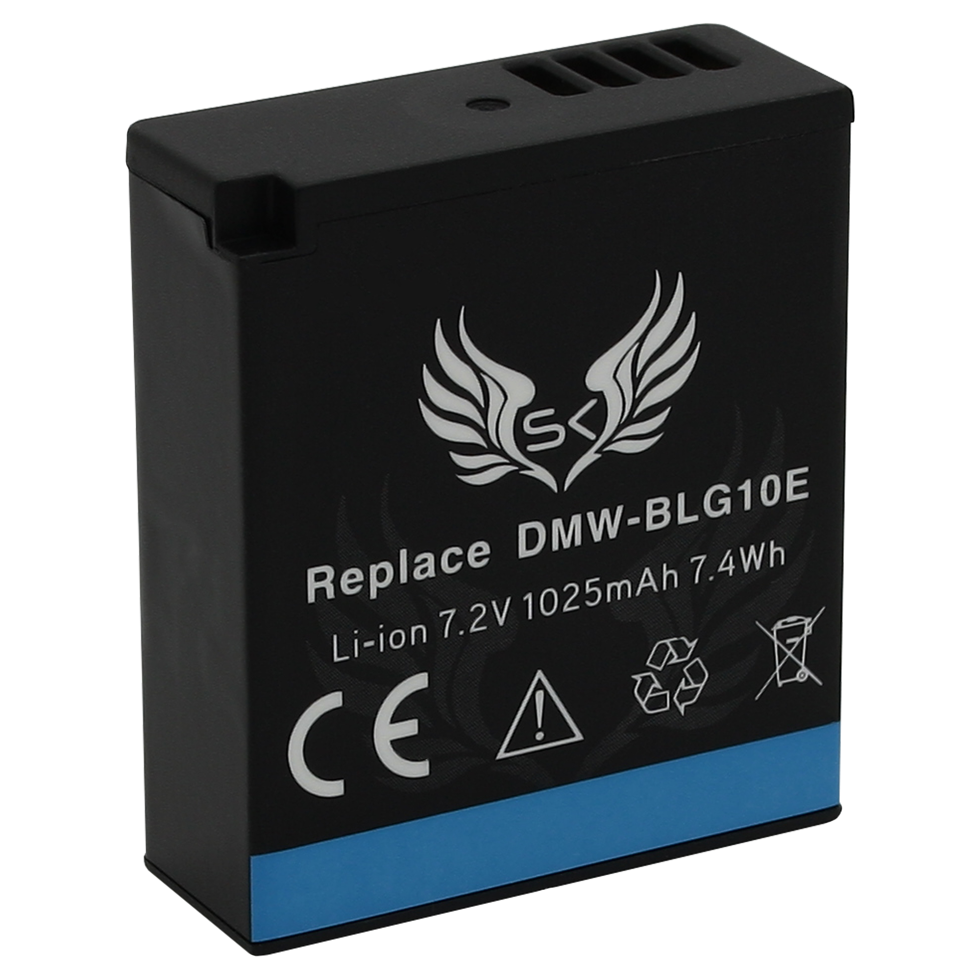 Schwarzer Akku. Text: Replace DMW-BLG10E, Li-ion 7.2V 1025mAh 7.4Wh. Hat ein Logo.