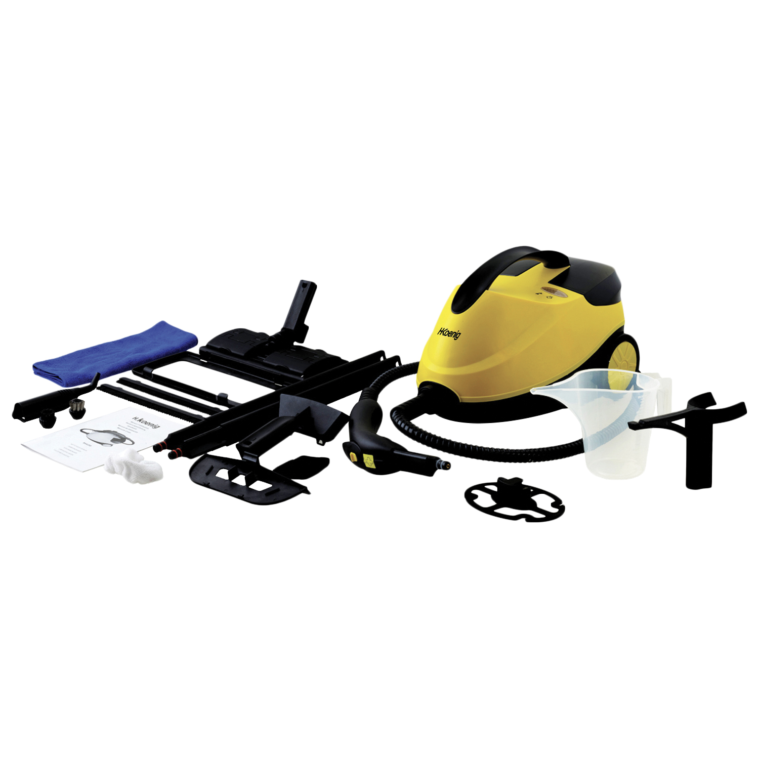 Żółto-czarny parownik z akcesoriami. Zawiera niebieską szmatkę, szczotkę i pojemnik na wodę.