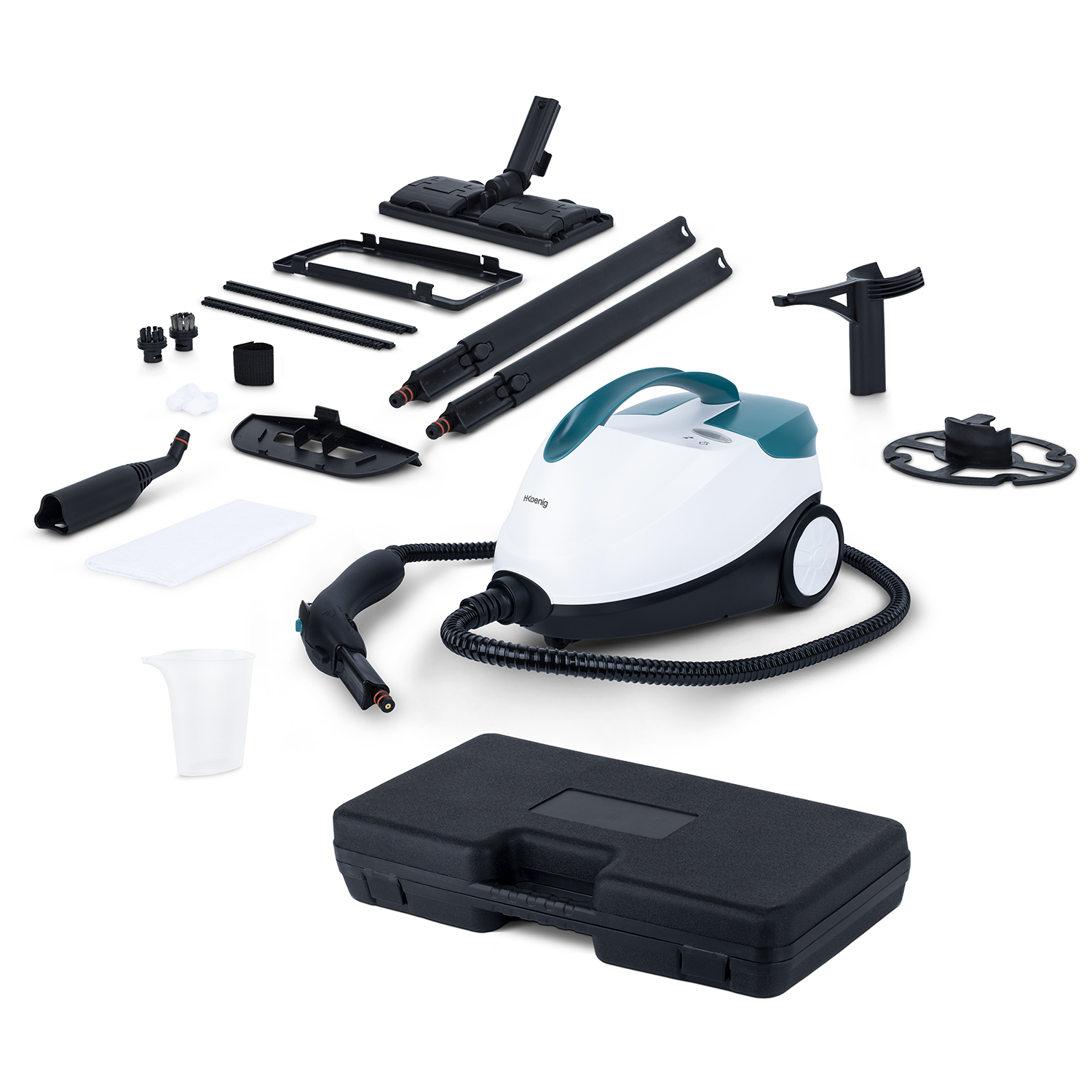 Czyszczarka parowa z akcesoriami, białe tło.