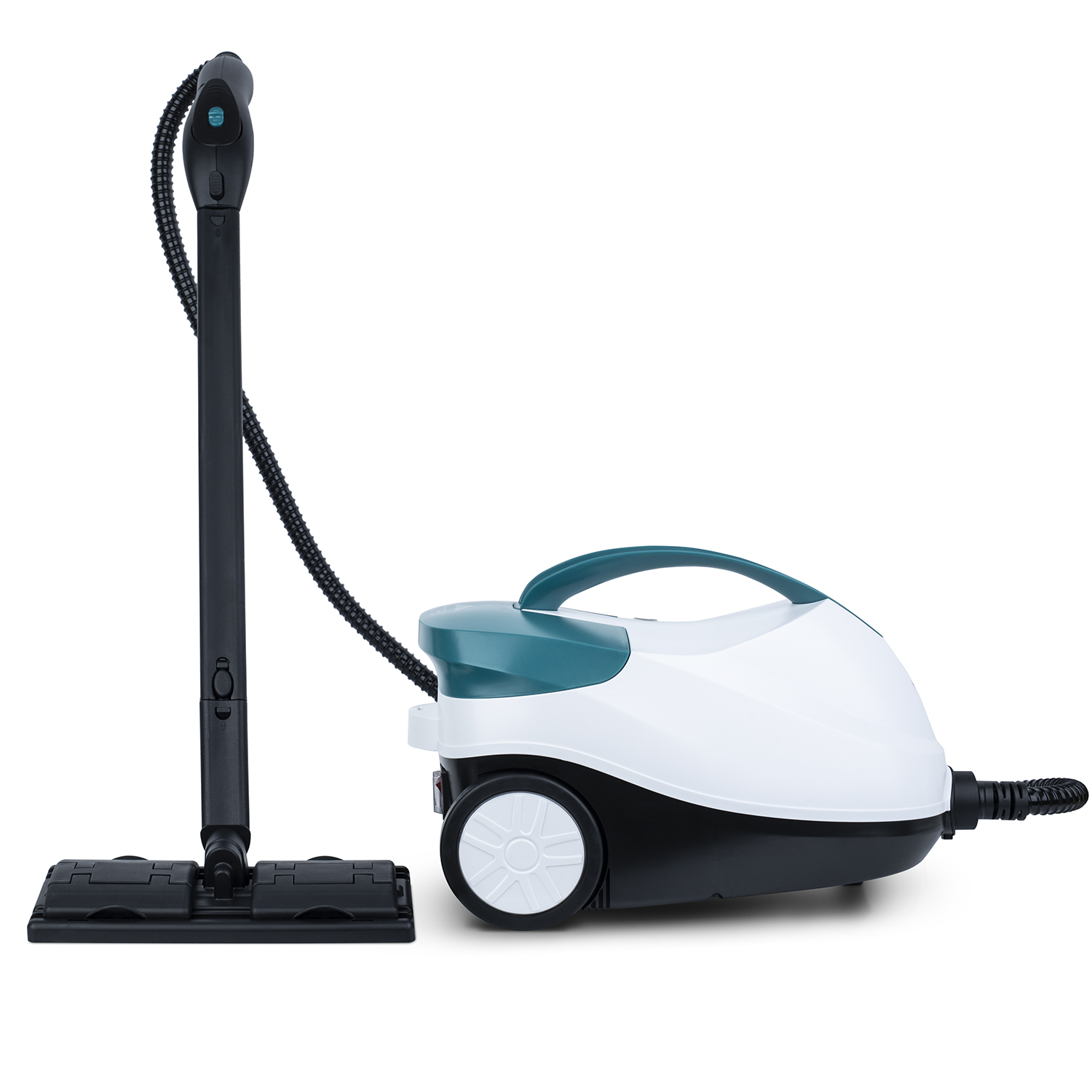 Biało-zielona myjka parowa z czarnym uchwytem i głowicą.