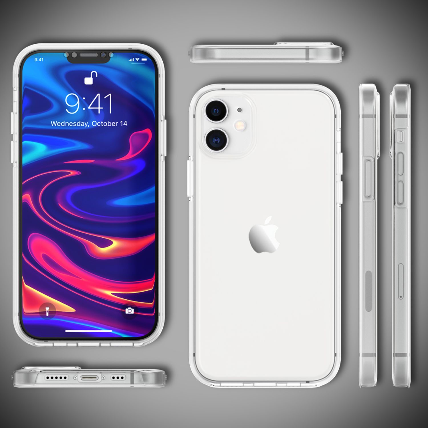 Múltiples vistas de un iPhone en una funda transparente. La pantalla muestra la hora y la fecha.