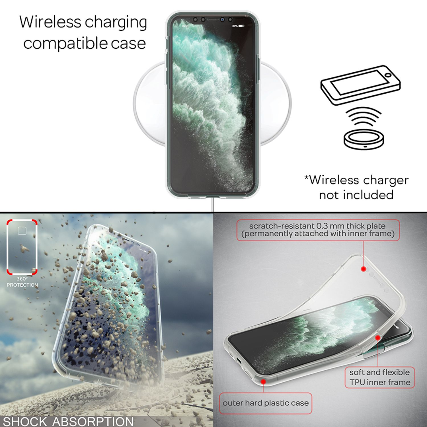 Diagramm, das eine Handyhülle mit Stoßdämpfung und kabellosen Ladefunktionen zeigt, mit einem Telefon darin.