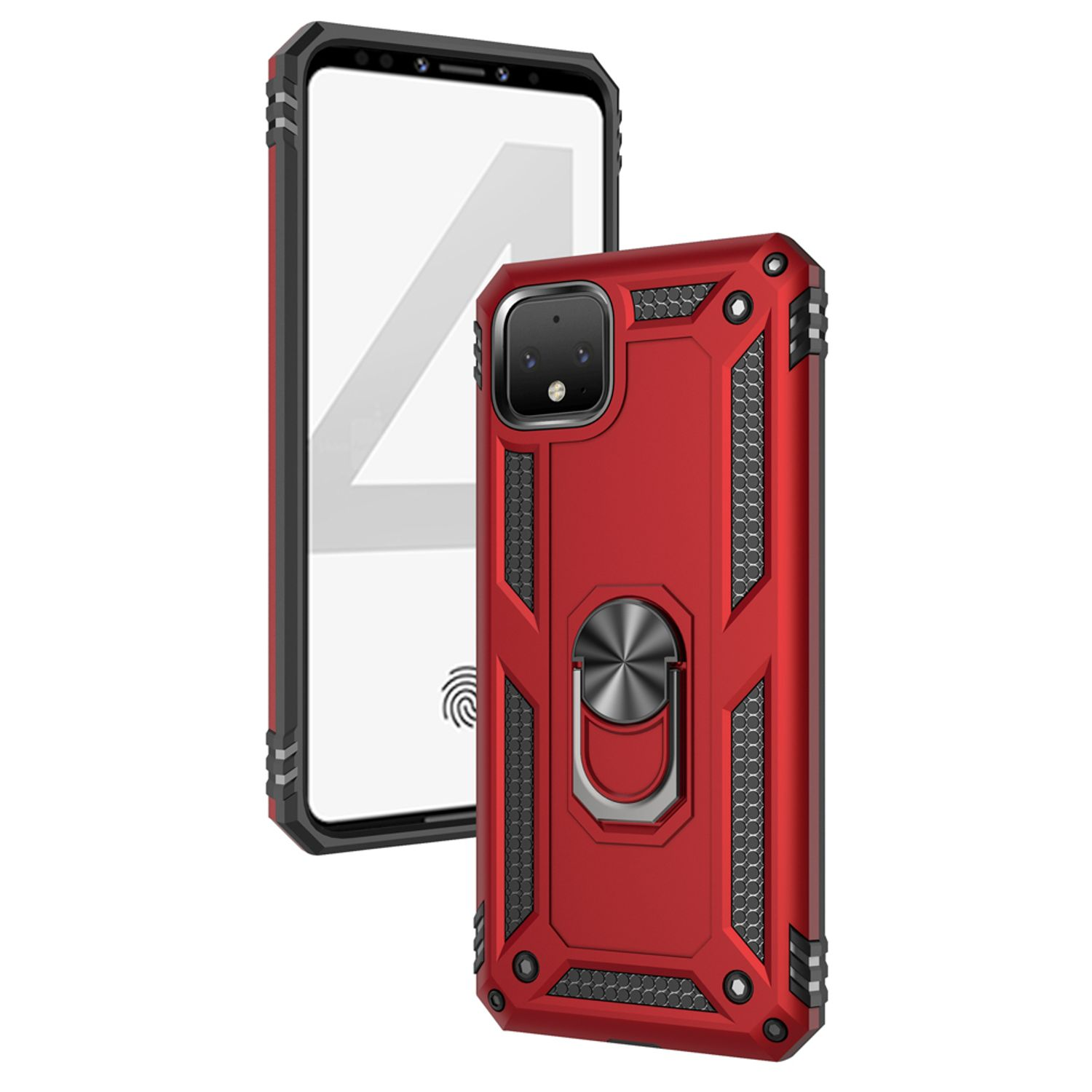 Una custodia per telefono rossa con un supporto ad anello in metallo, accanto a un telefono che mostra lo schermo.