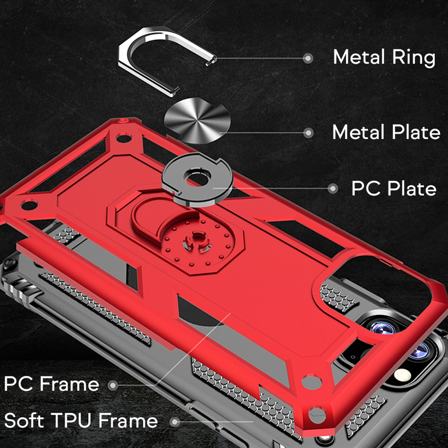 Funda roja para teléfono con anillo y placa metálicos, con marco de PC y marco de TPU suave.
