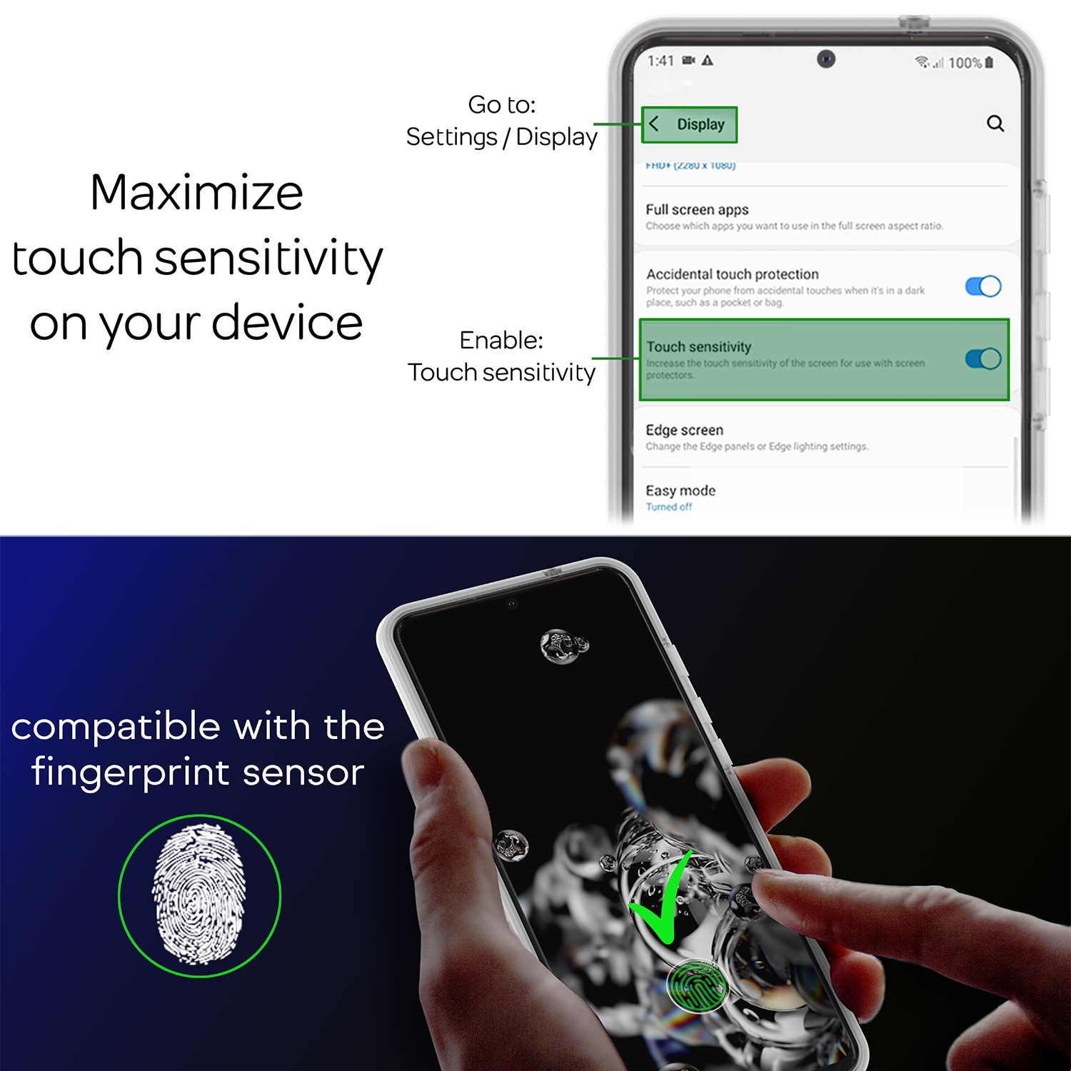 Telefonbildschirm mit Anzeigeeinstellungen. Berührungsempfindlichkeit aktiviert. Telefon in der Hand, Fingerabdrucksensor.