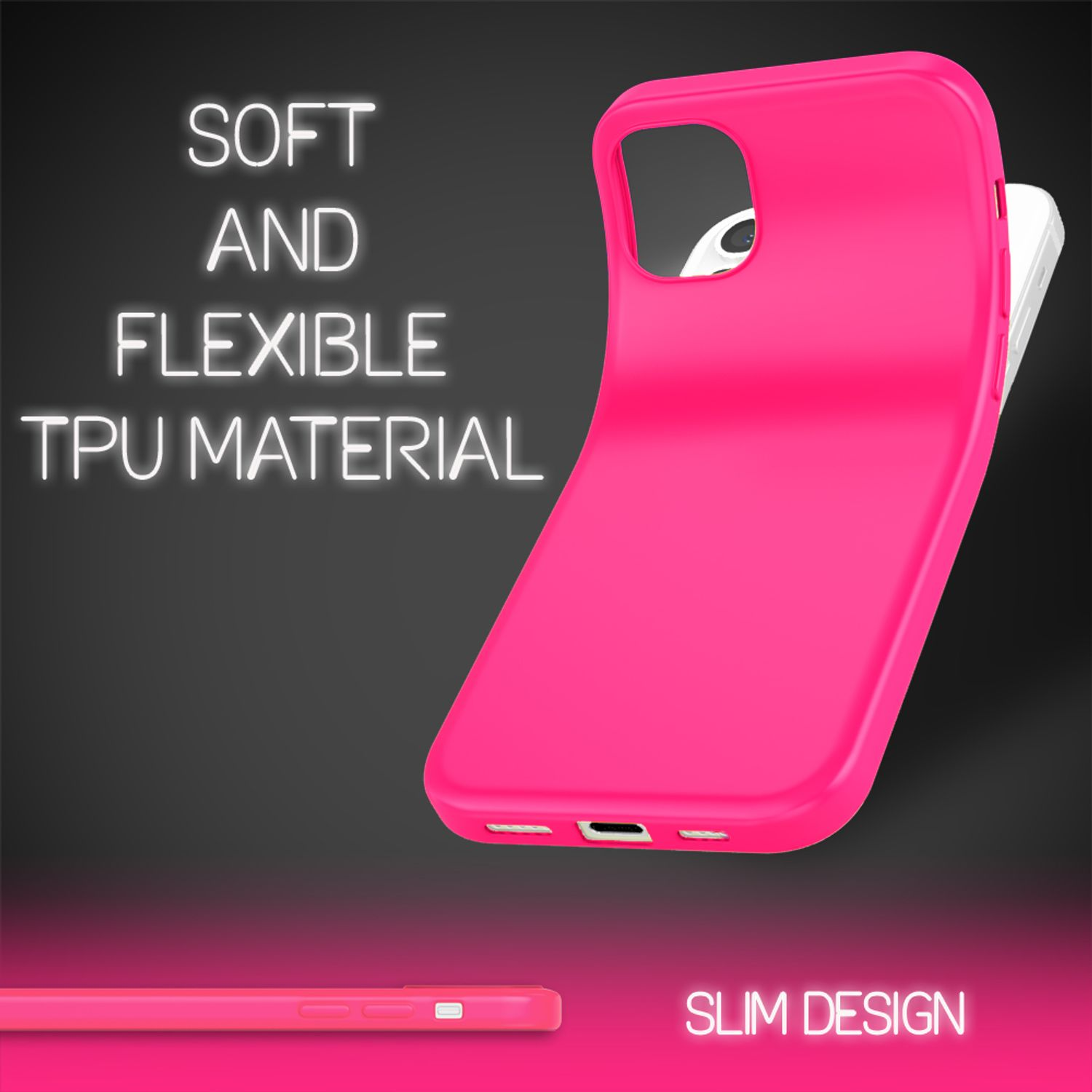 Rosa Handyhülle, flexibel, mit schlankem Design und Seitenansicht.