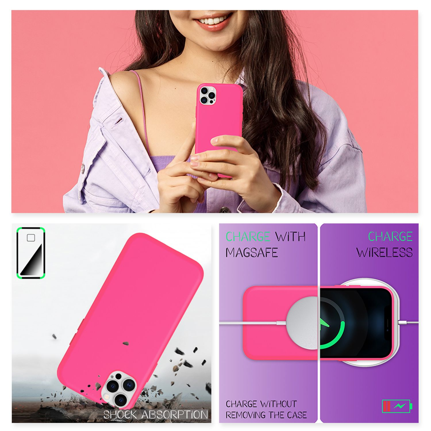 Pinke Handyhülle mit einer Frau, die ein Telefon hält. Sie zeigt Funktionen wie Stoßdämpfung.