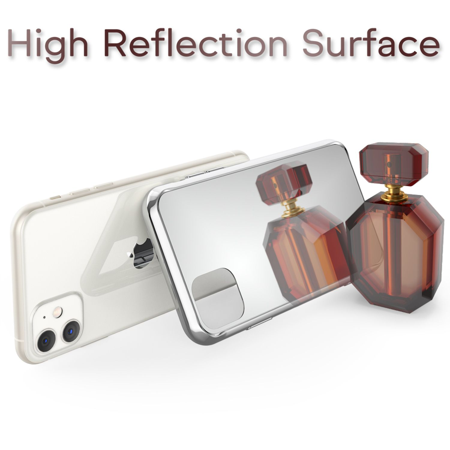 Telefon mit reflektierender Hülle und Parfümflasche. Weißer Hintergrund.