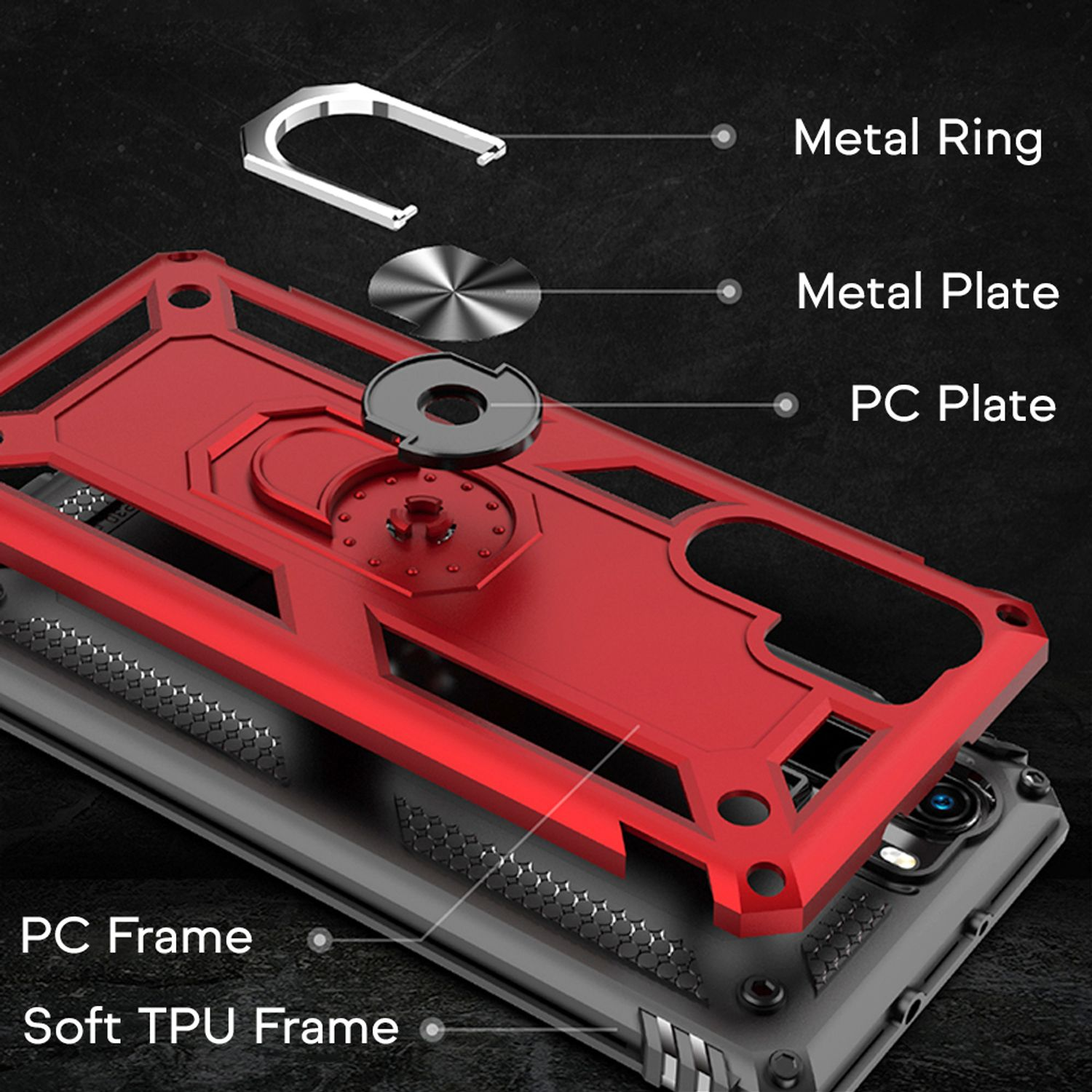 Rote Handyhülle mit Metallring, Metallplatte und PC-Plattenkomponenten auf einem schwarzen Telefon.