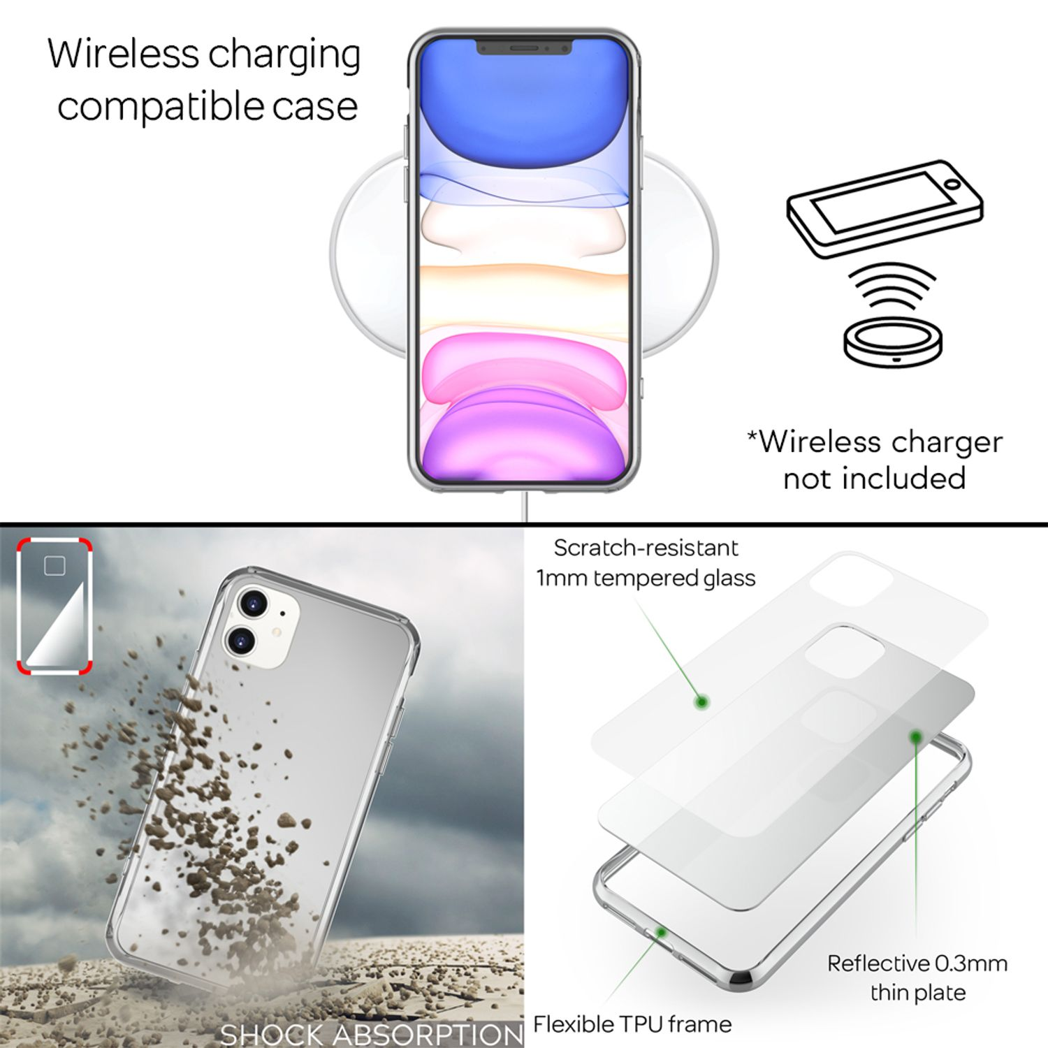Ein Telefon mit transparenter Hülle, ein kabelloses Ladegerät, ein Telefon und ein kratzfestes Glas.