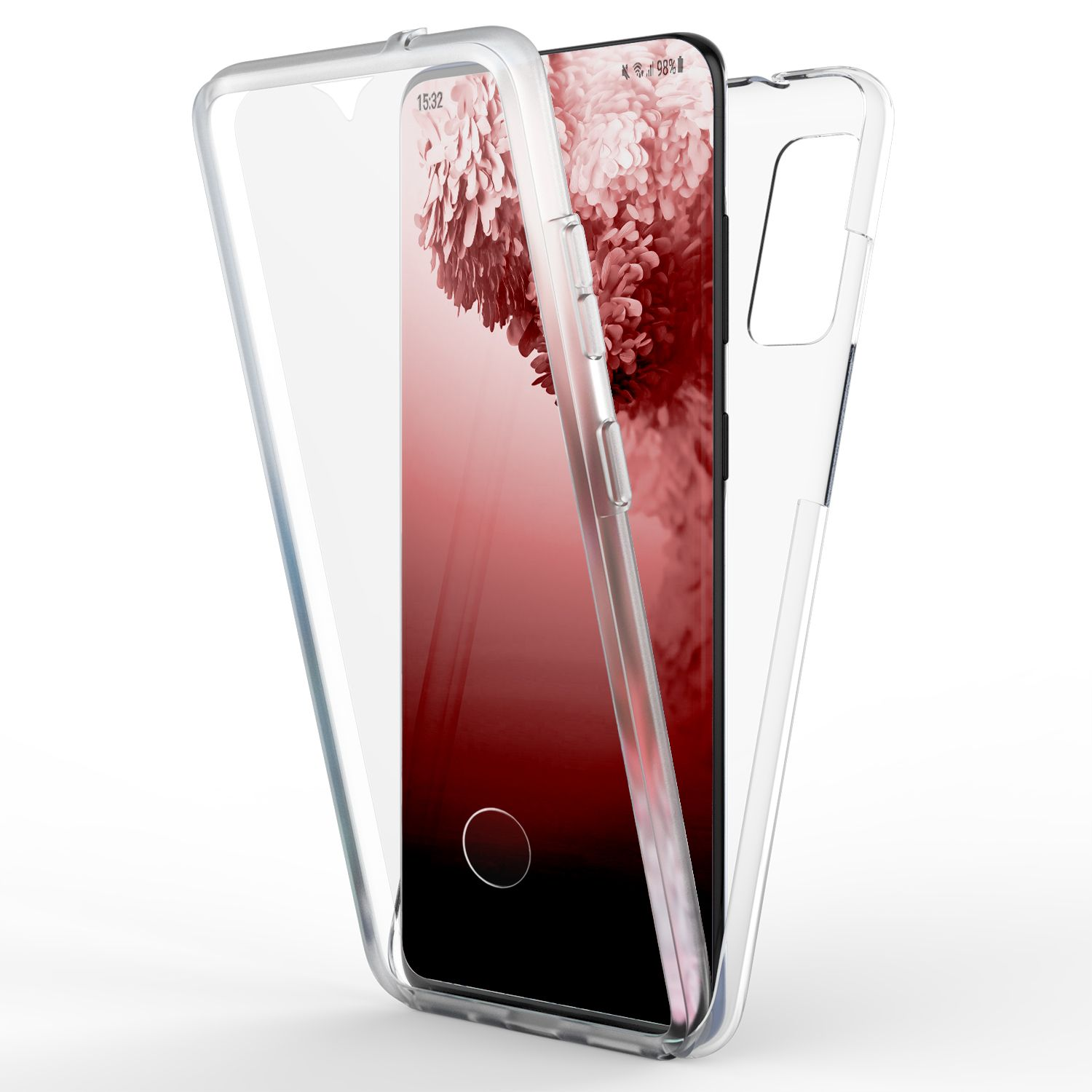 Transparente Handyhülle auf einem Telefon mit rotem floralem Hintergrund.